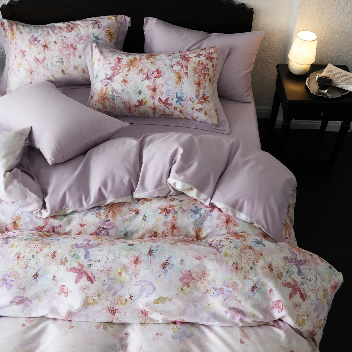 91家纺网 家纺一手货源 找家纺 时光里 2025新款40S全棉纯棉油画风数码印花磨毛四件套 桃花姬