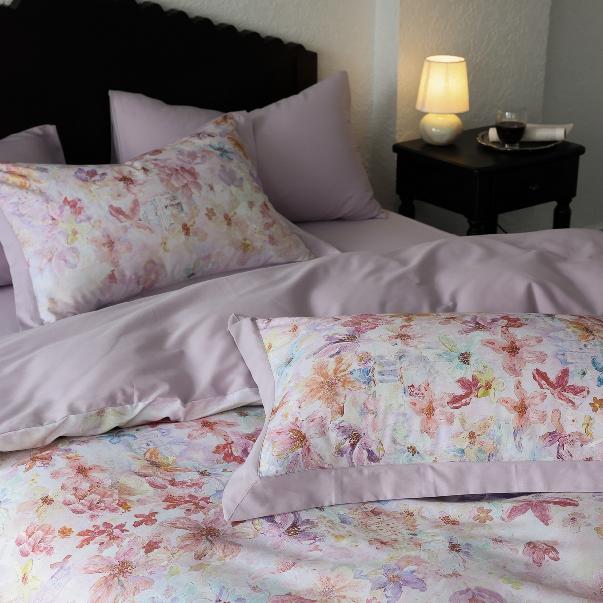 91家纺网 家纺一手货源 找家纺 时光里 2025新款40S全棉纯棉油画风数码印花磨毛四件套 桃花姬