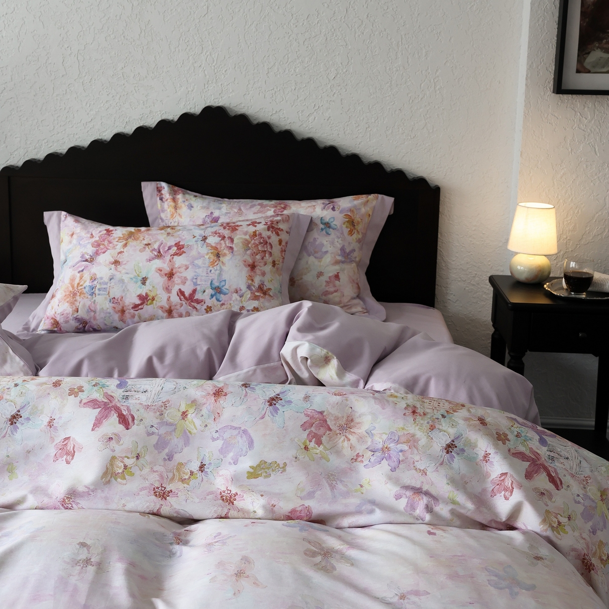 91家纺网 家纺一手货源 找家纺 时光里 2025新款40S全棉纯棉油画风数码印花磨毛四件套 桃花姬