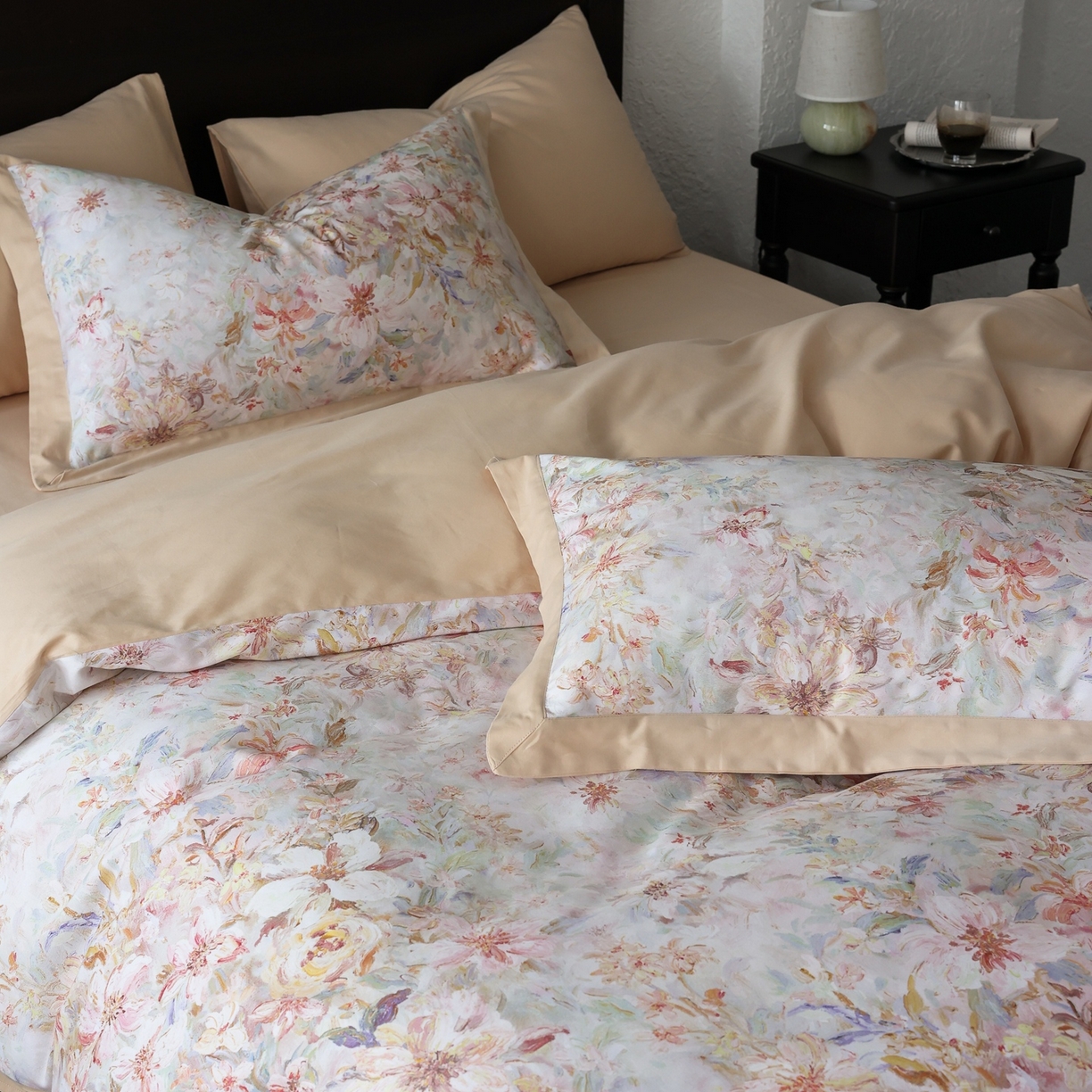 91家纺网 家纺一手货源 找家纺 时光里 2025新款40S全棉纯棉油画风数码印花磨毛四件套 花满柿