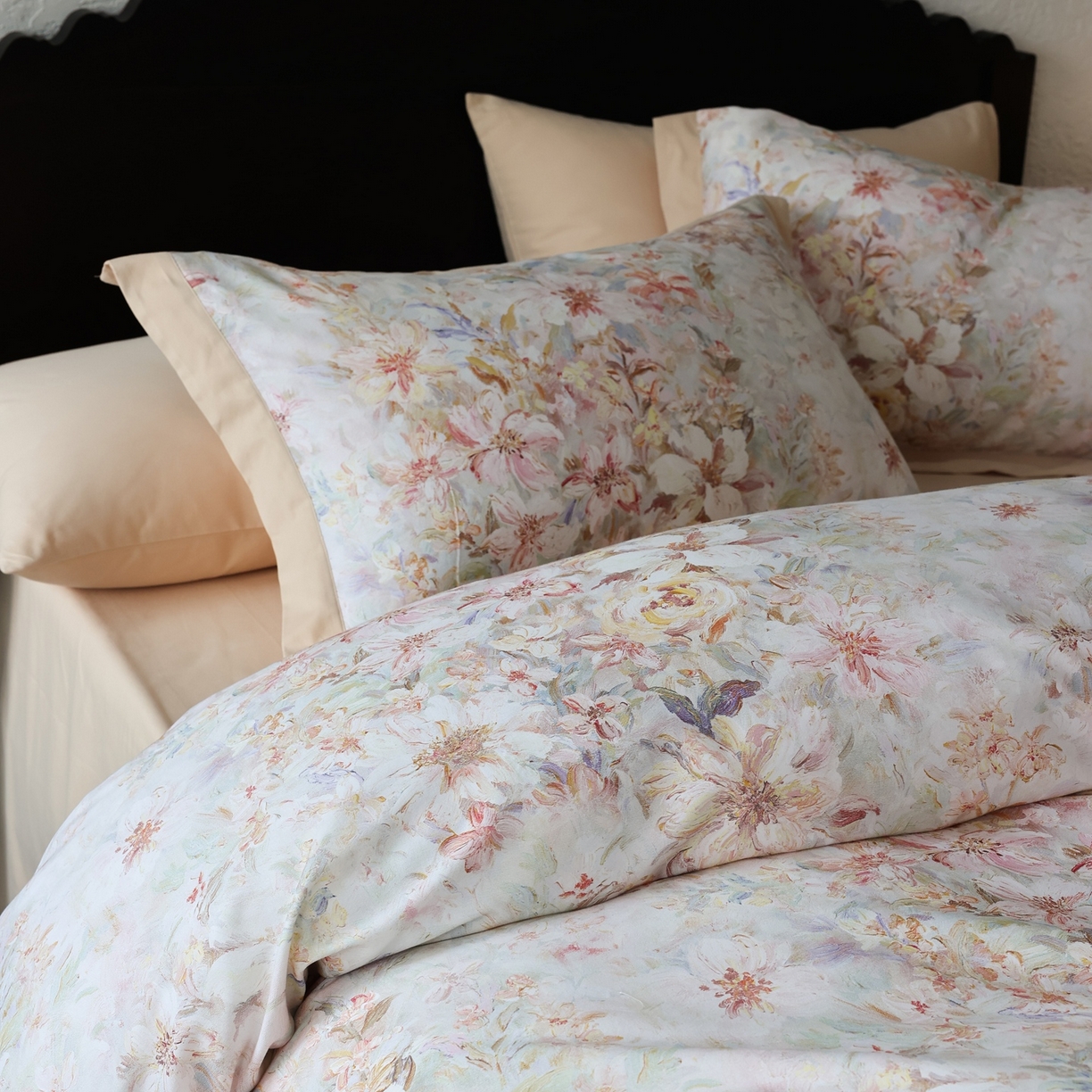 91家纺网 家纺一手货源 找家纺 时光里 2025新款40S全棉纯棉油画风数码印花磨毛四件套 花满柿