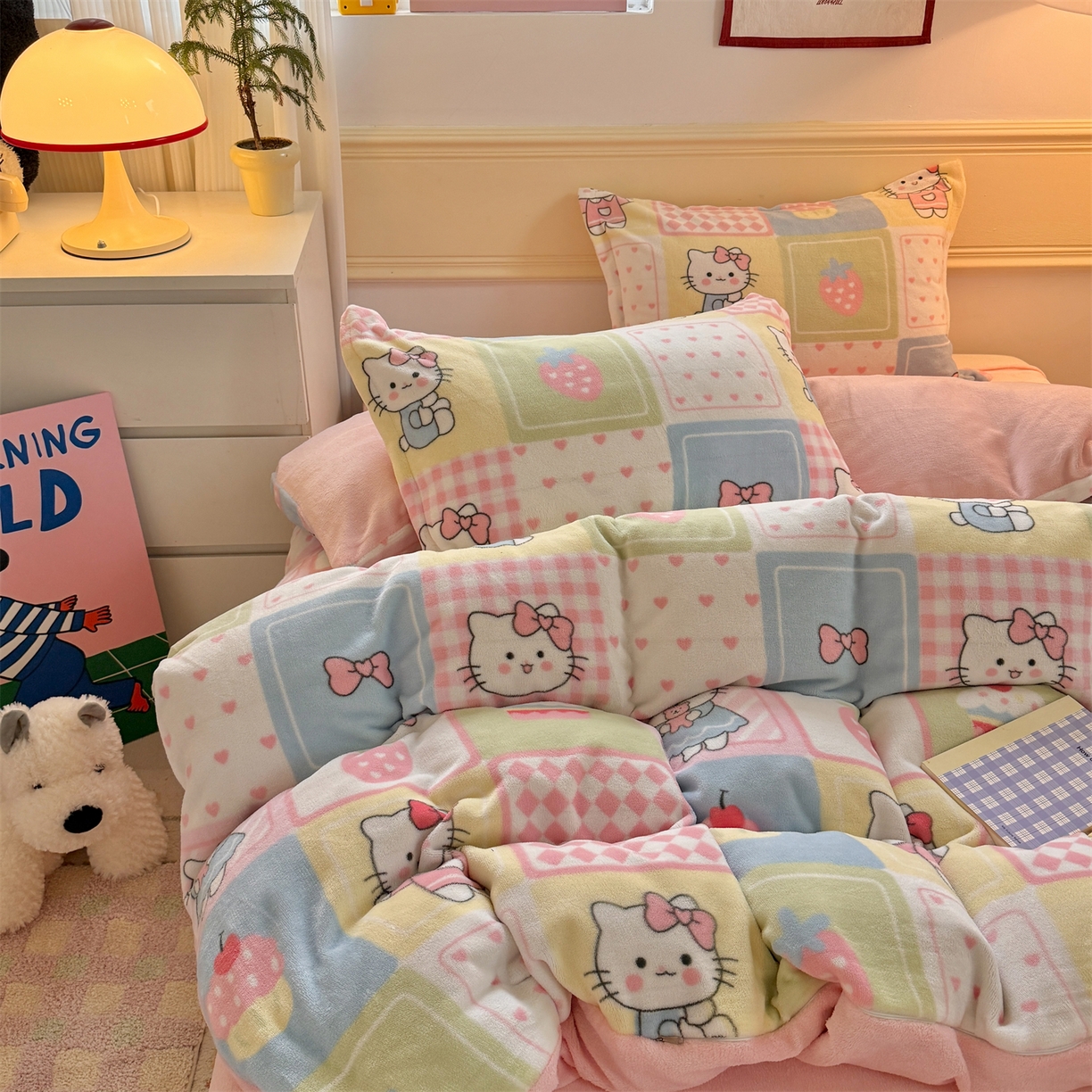 91家纺网 家纺一手货源 找家纺 （总）艾特你 2025新款小清新高克重加厚牛奶绒印花四件套--风格二小窝图