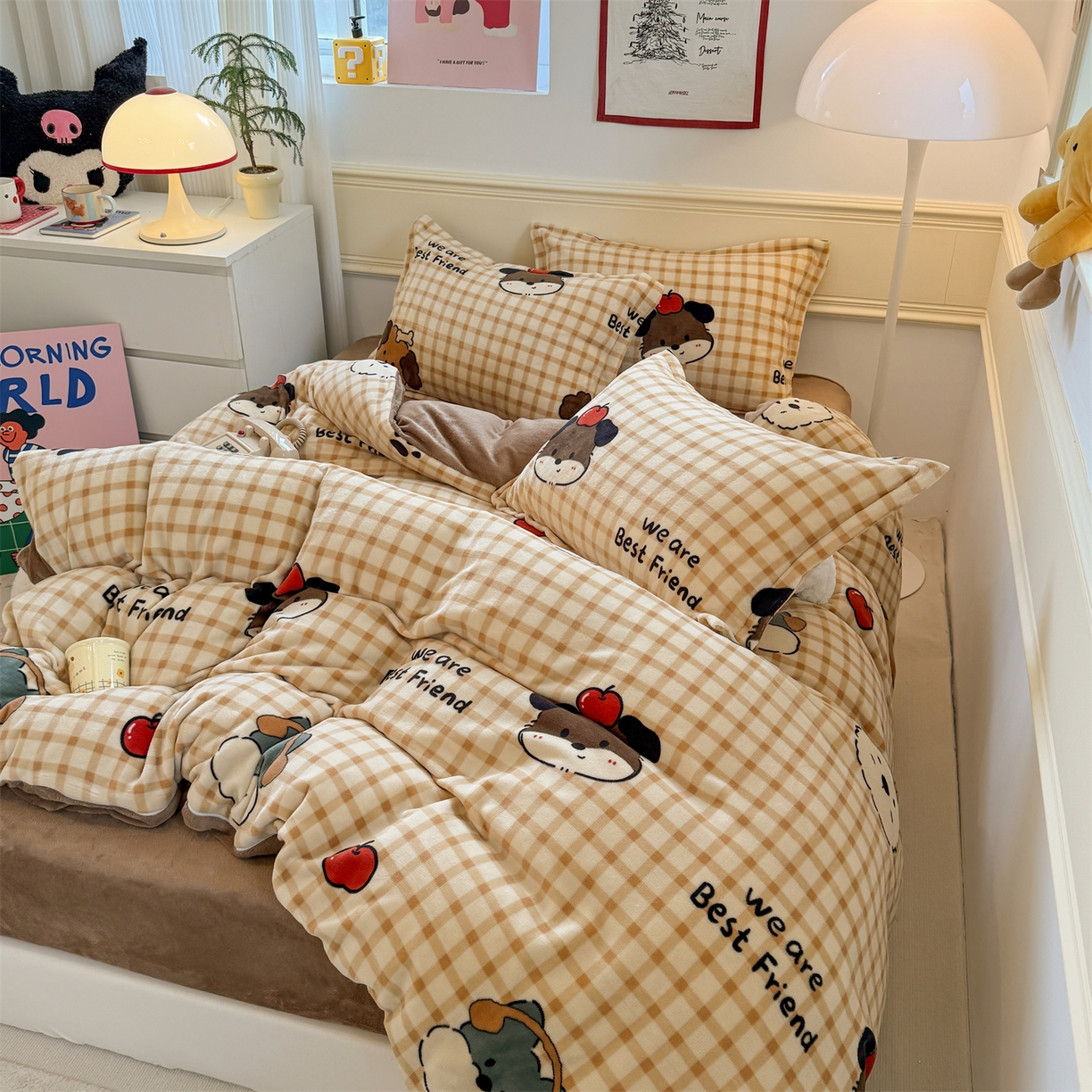 91家纺网 家纺一手货源 找家纺 艾特你 2025新款小清新高克重加厚牛奶绒印花四件套--风格二小窝图 班尼家族