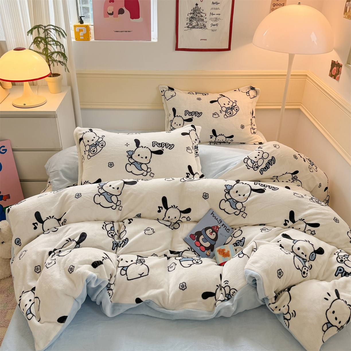 91家纺网 家纺一手货源 找家纺 艾特你 2025新款小清新高克重加厚牛奶绒印花四件套--风格二小窝图 大耳狗