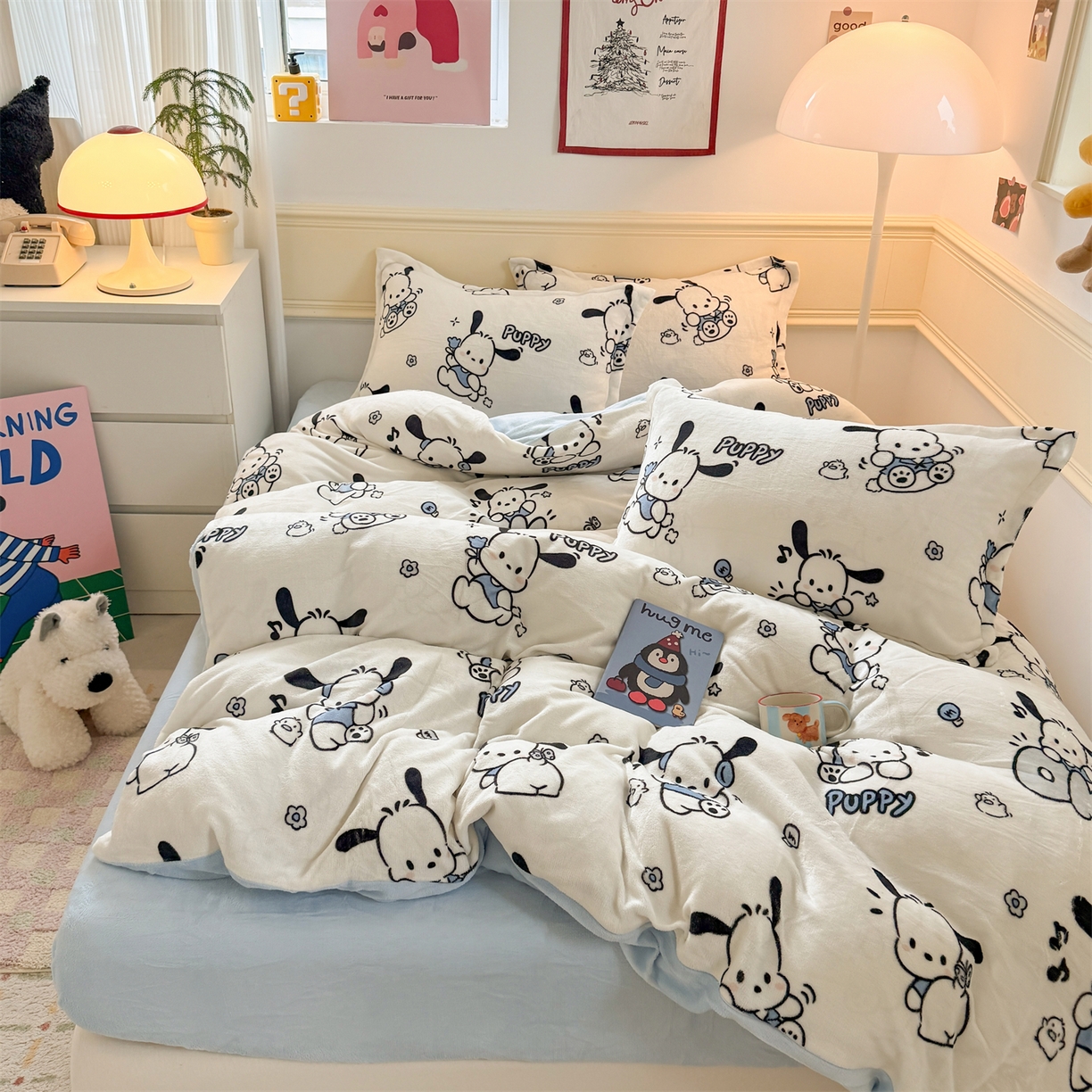 91家纺网 家纺一手货源 找家纺 艾特你 2025新款小清新高克重加厚牛奶绒印花四件套--风格二小窝图 大耳狗