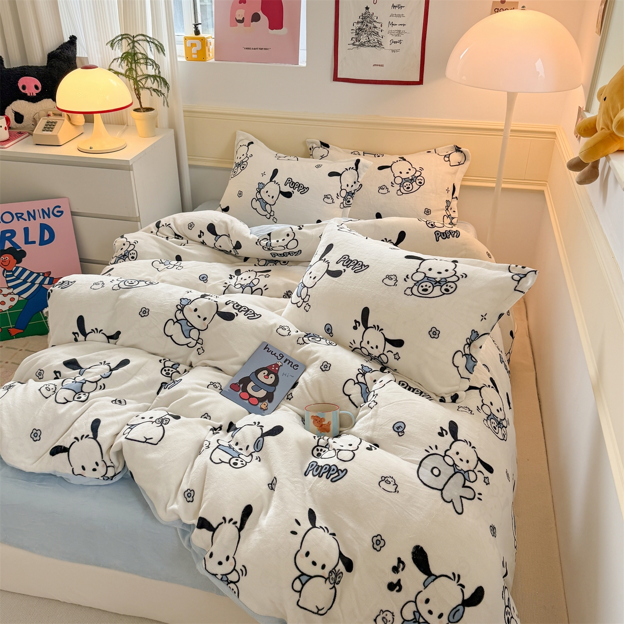 91家纺网 家纺一手货源 找家纺 艾特你 2025新款小清新高克重加厚牛奶绒印花四件套--风格二小窝图 大耳狗