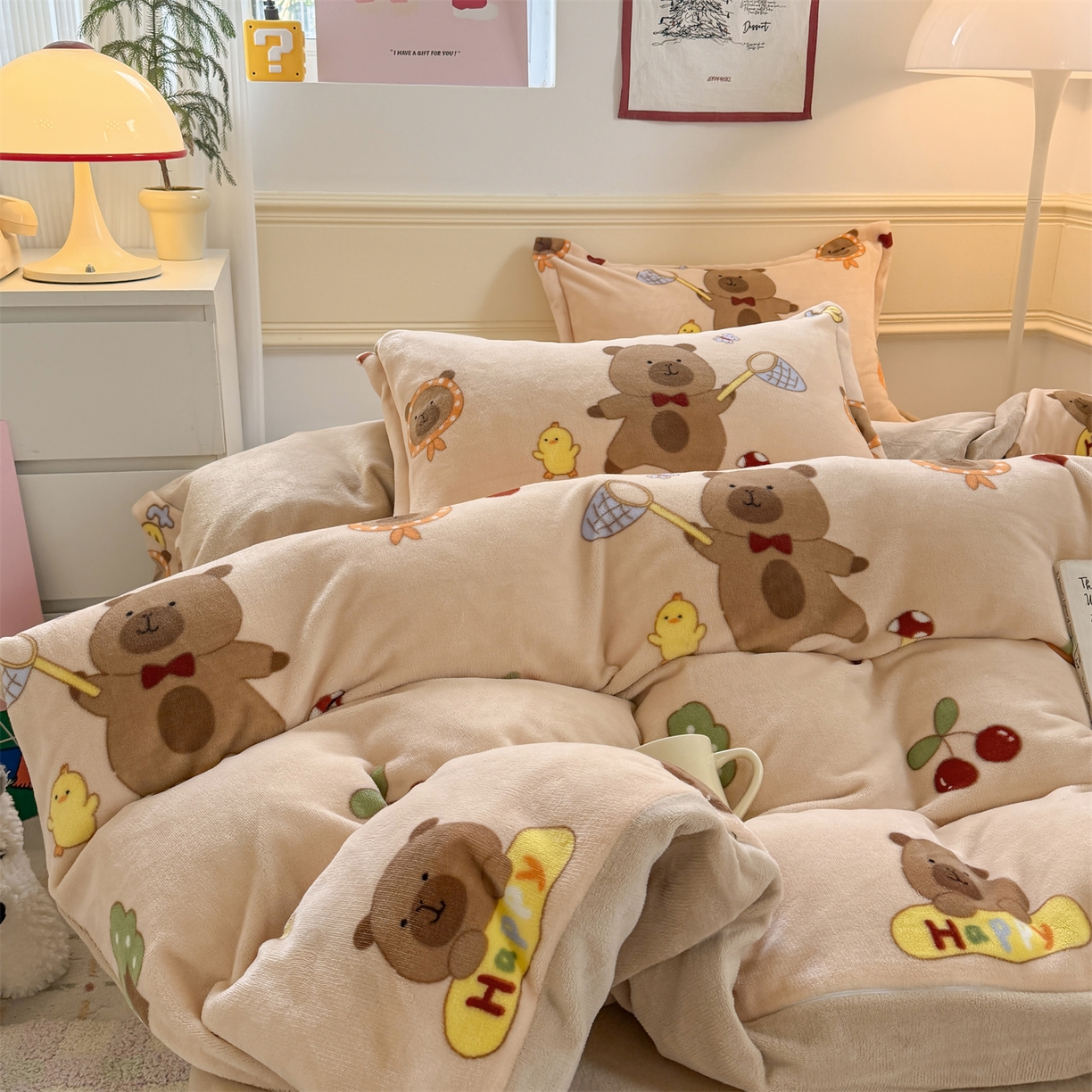 艾特你 2025新款小清新高克重加厚牛奶绒印花四件套--风格二小窝图 橘子卡皮