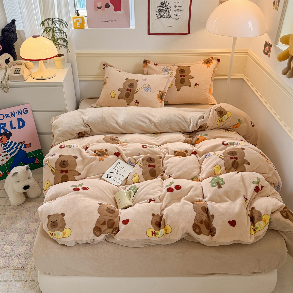 91家纺网 家纺一手货源 找家纺 艾特你 2025新款小清新高克重加厚牛奶绒印花四件套--风格二小窝图 橘子卡皮