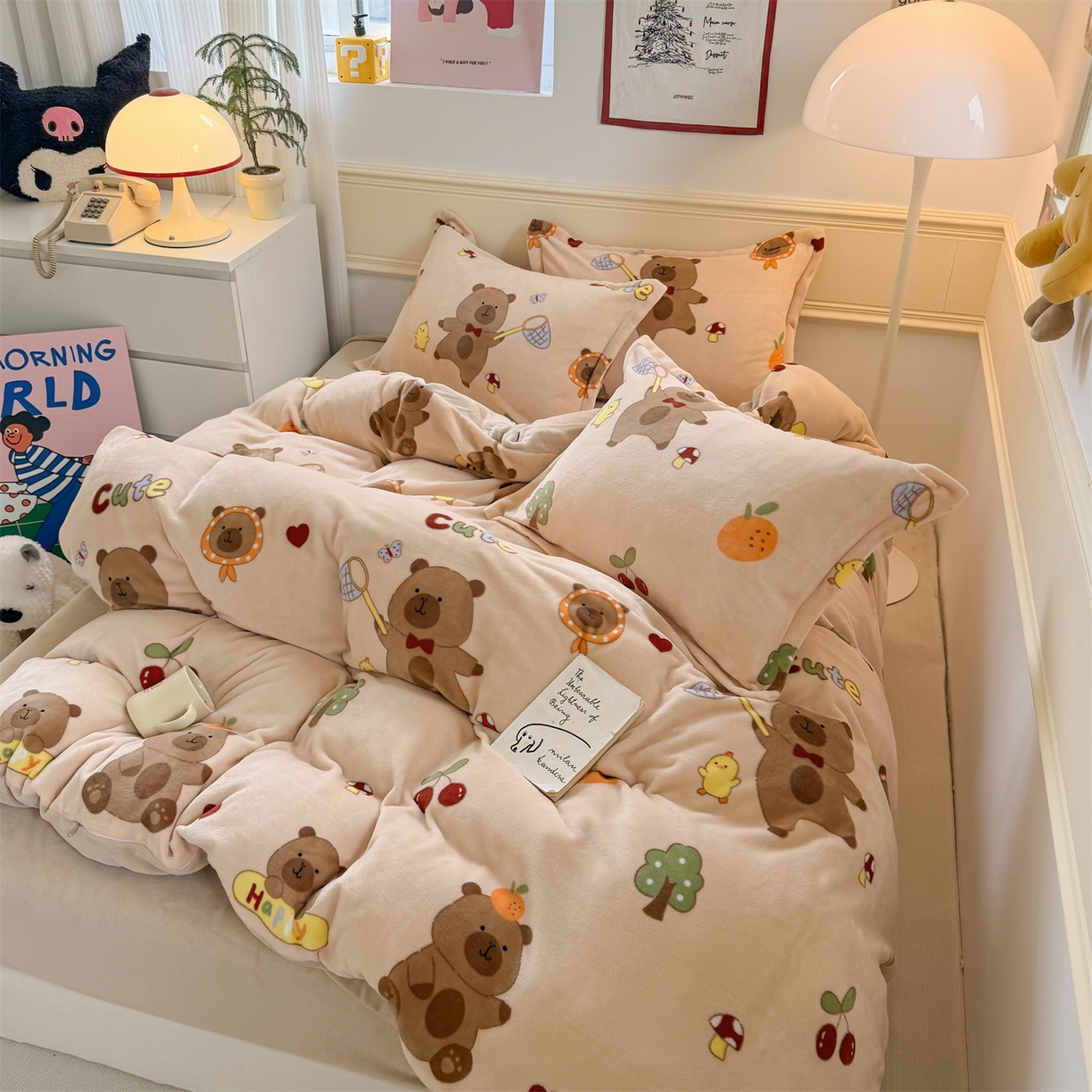 91家纺网 家纺一手货源 找家纺 艾特你 2025新款小清新高克重加厚牛奶绒印花四件套--风格二小窝图 橘子卡皮