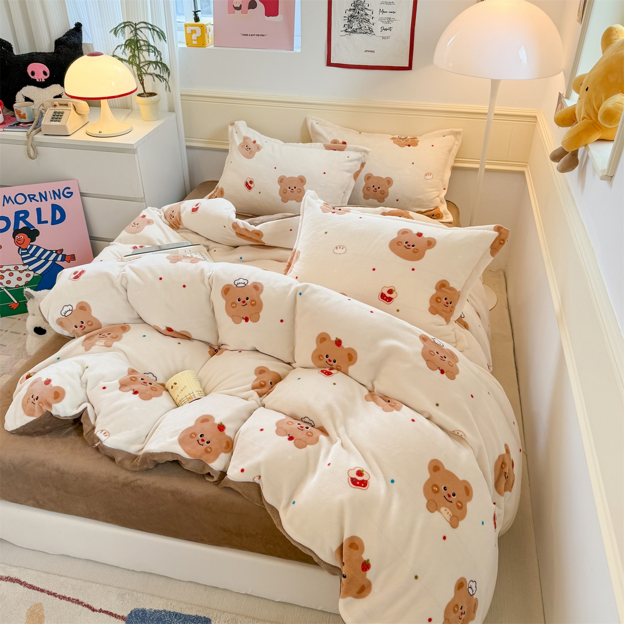 91家纺网 家纺一手货源 找家纺 艾特你 2025新款小清新高克重加厚牛奶绒印花四件套--风格二小窝图 卡贝拉