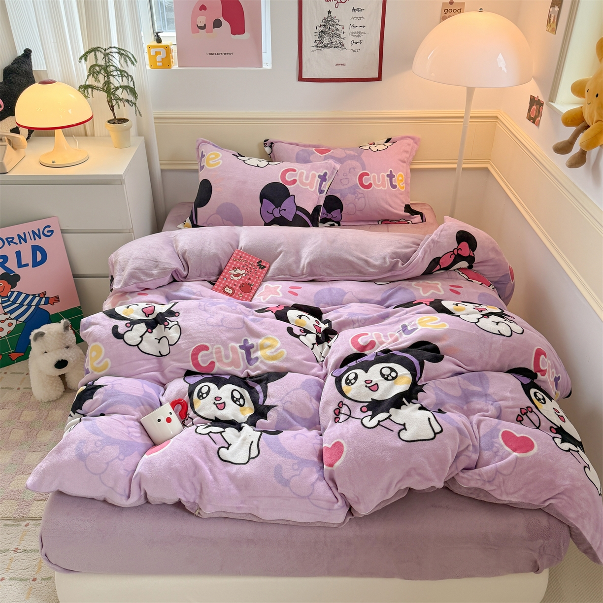 91家纺网 家纺一手货源 找家纺 艾特你 2025新款小清新高克重加厚牛奶绒印花四件套--风格二小窝图 库米洛