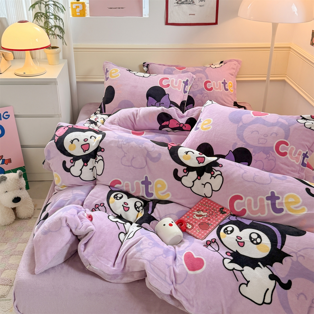 91家纺网 家纺一手货源 找家纺 艾特你 2025新款小清新高克重加厚牛奶绒印花四件套--风格二小窝图 库米洛