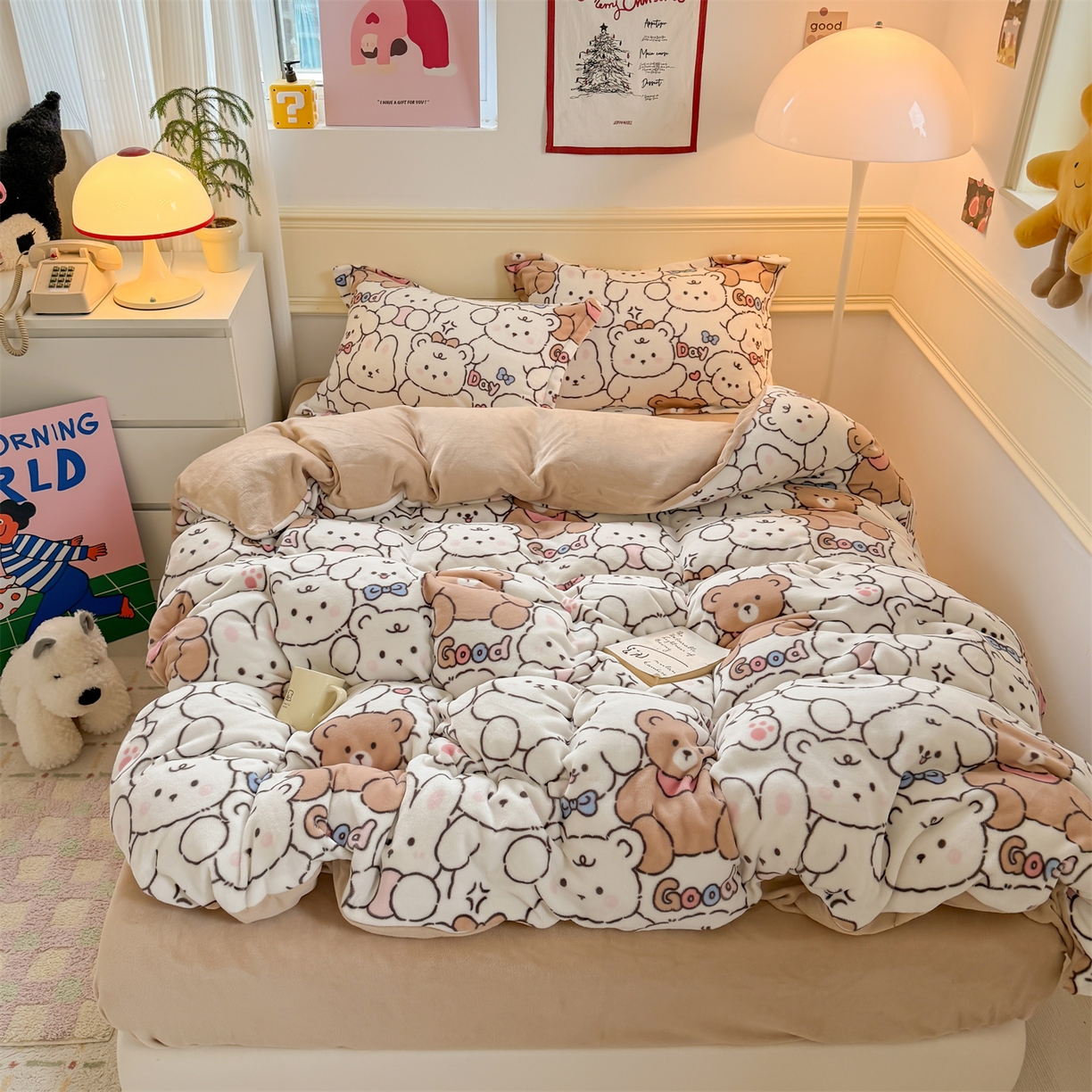 91家纺网 家纺一手货源 找家纺 艾特你 2025新款小清新高克重加厚牛奶绒印花四件套--风格二小窝图 熊多多