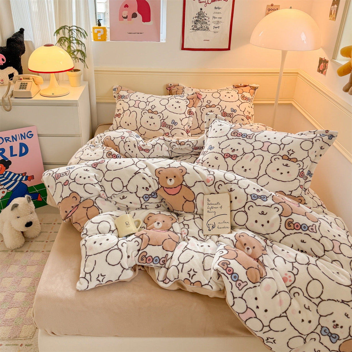 91家纺网 家纺一手货源 找家纺 艾特你 2025新款小清新高克重加厚牛奶绒印花四件套--风格二小窝图 熊多多