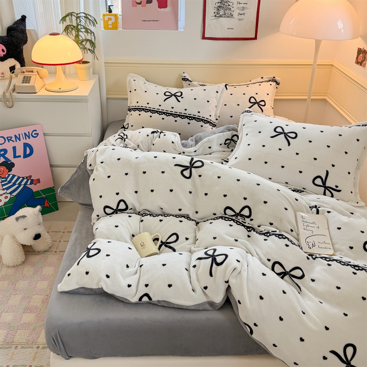 91家纺网 家纺一手货源 找家纺 艾特你 2025新款小清新高克重加厚牛奶绒印花四件套--风格二小窝图 夜曲