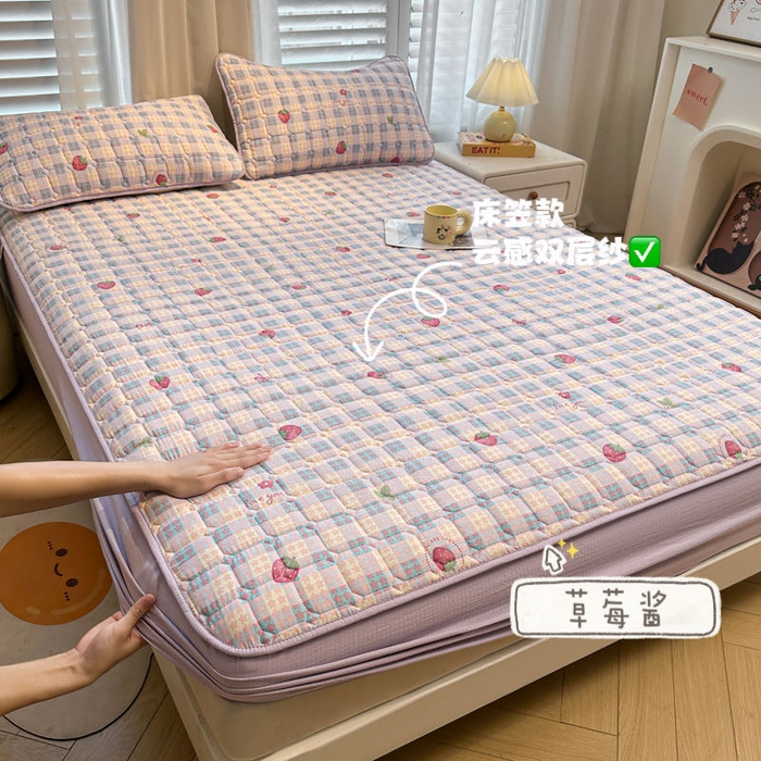 91家纺网 家纺一手货源 找家纺 （总）澜妃 2025新款云感皱皱纱双层纱印花夹棉床褥-床笠款