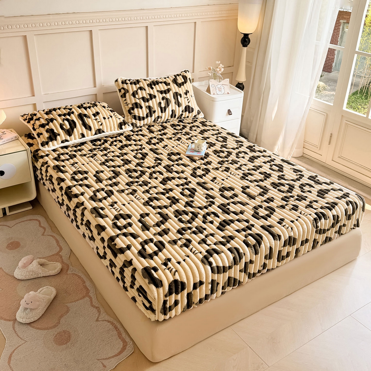 91家纺网 家纺一手货源 找家纺 眠势力 2025新款兔兔绒抽条印花床笠款四件套冬季兔绒加绒保暖四件套 豹纹KT