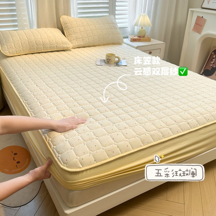 91家纺网 家纺一手货源 找家纺 （总）澜妃 2025新款云感皱皱纱双层纱印花夹棉床褥-床笠款