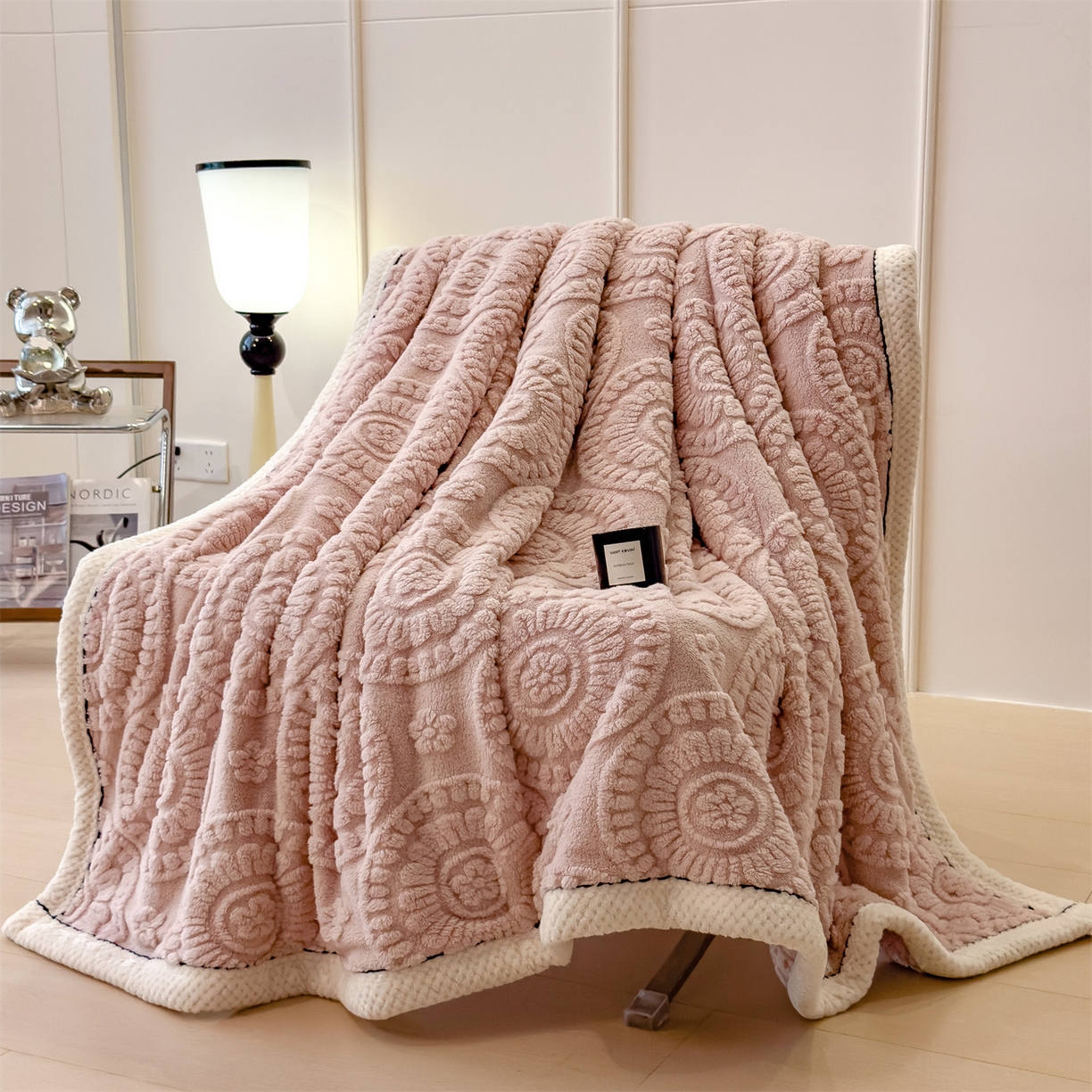 莱家富 2026新款新款A类塔芙绒雕花双面毛毯毯子-花朵（可提供跨境压缩） 花朵-粉玉