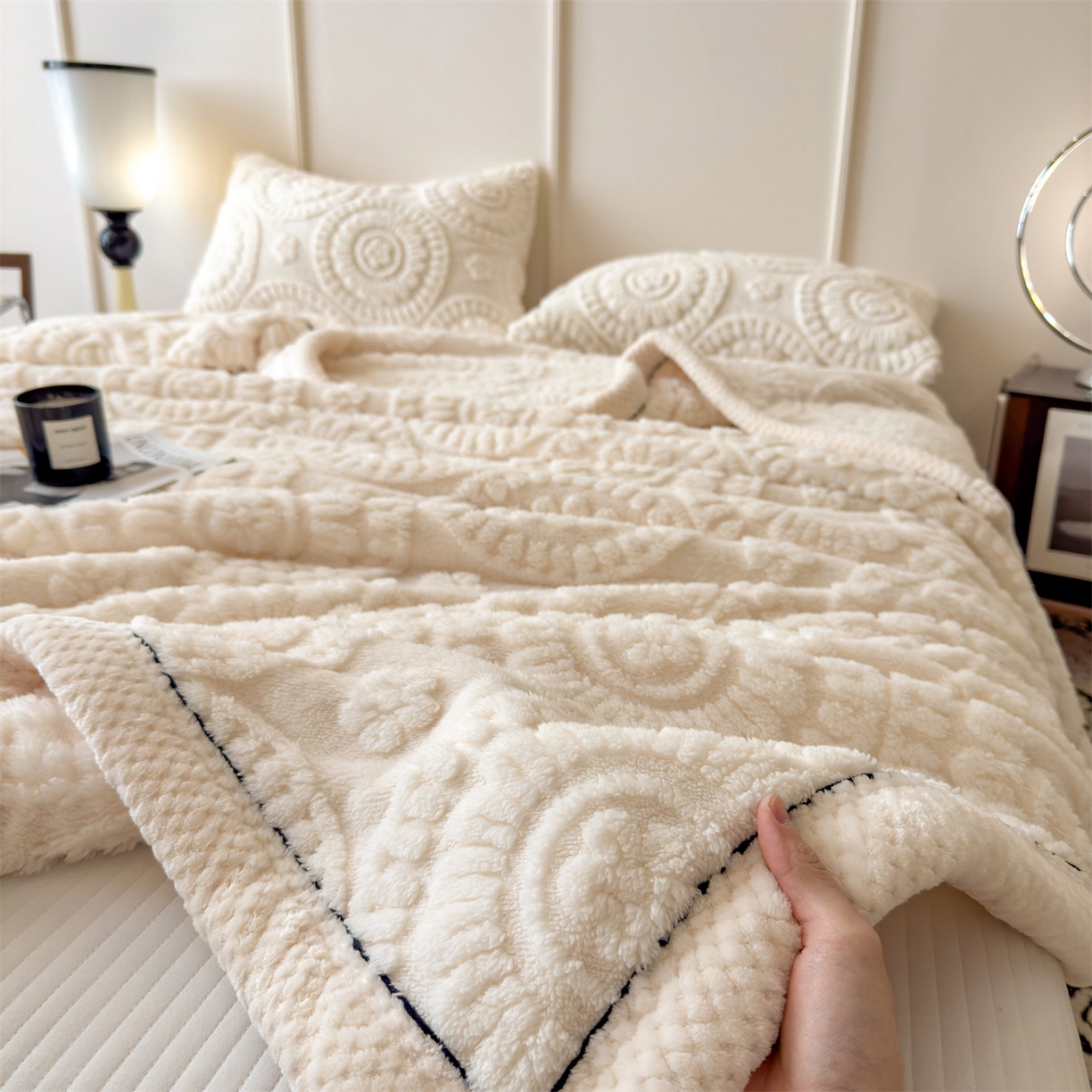 91家纺网 家纺一手货源 找家纺 莱家富 2026新款新款A类塔芙绒雕花双面毛毯毯子-花朵（可提供跨境压缩） 花朵-奶白