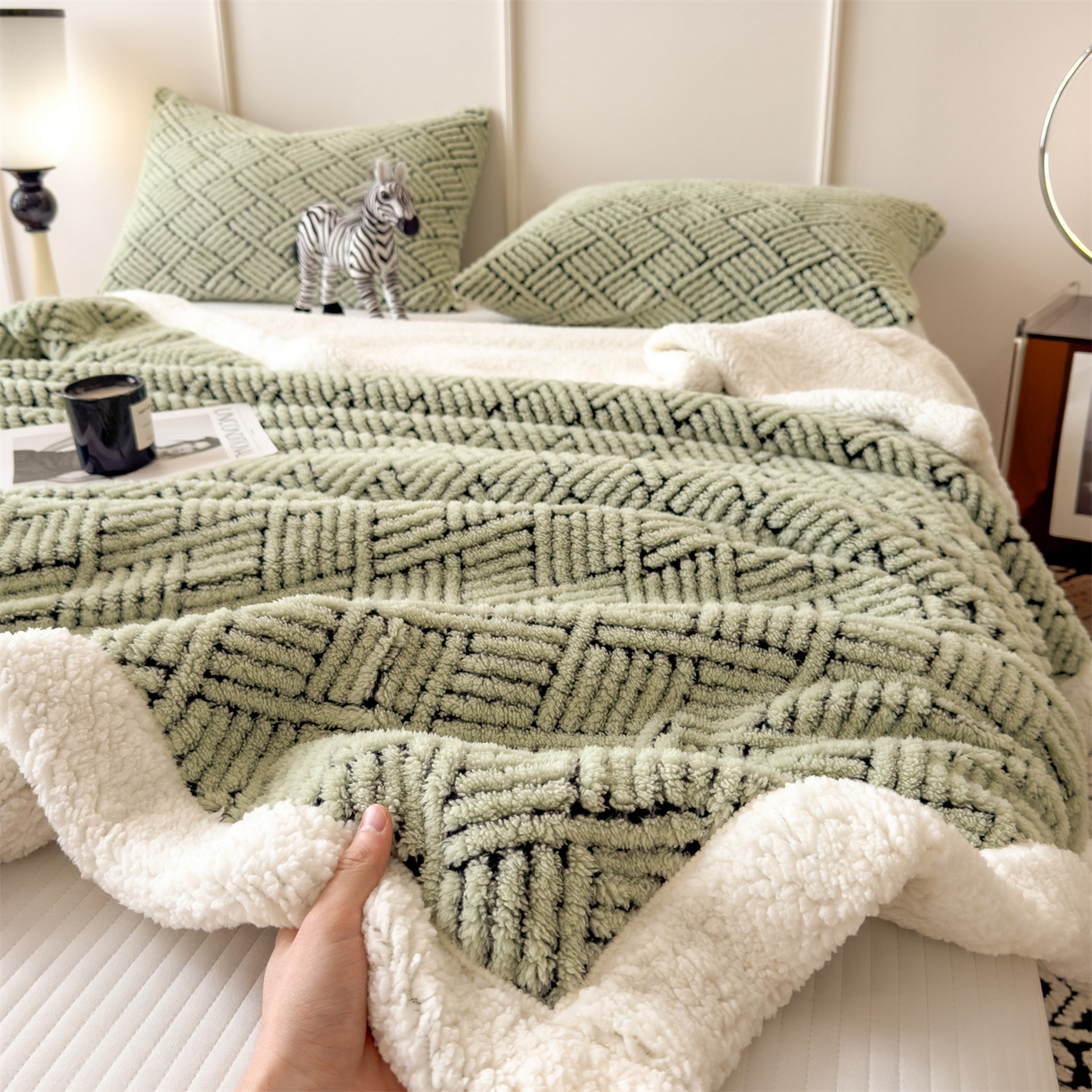91家纺网 家纺一手货源 找家纺 莱家富 2026新款A类双层舒棉雕花绒羊羔绒暖绒毛毯毯子-梦境（可供跨境外贸抽空压缩爆款首选） 梦境-桑绿