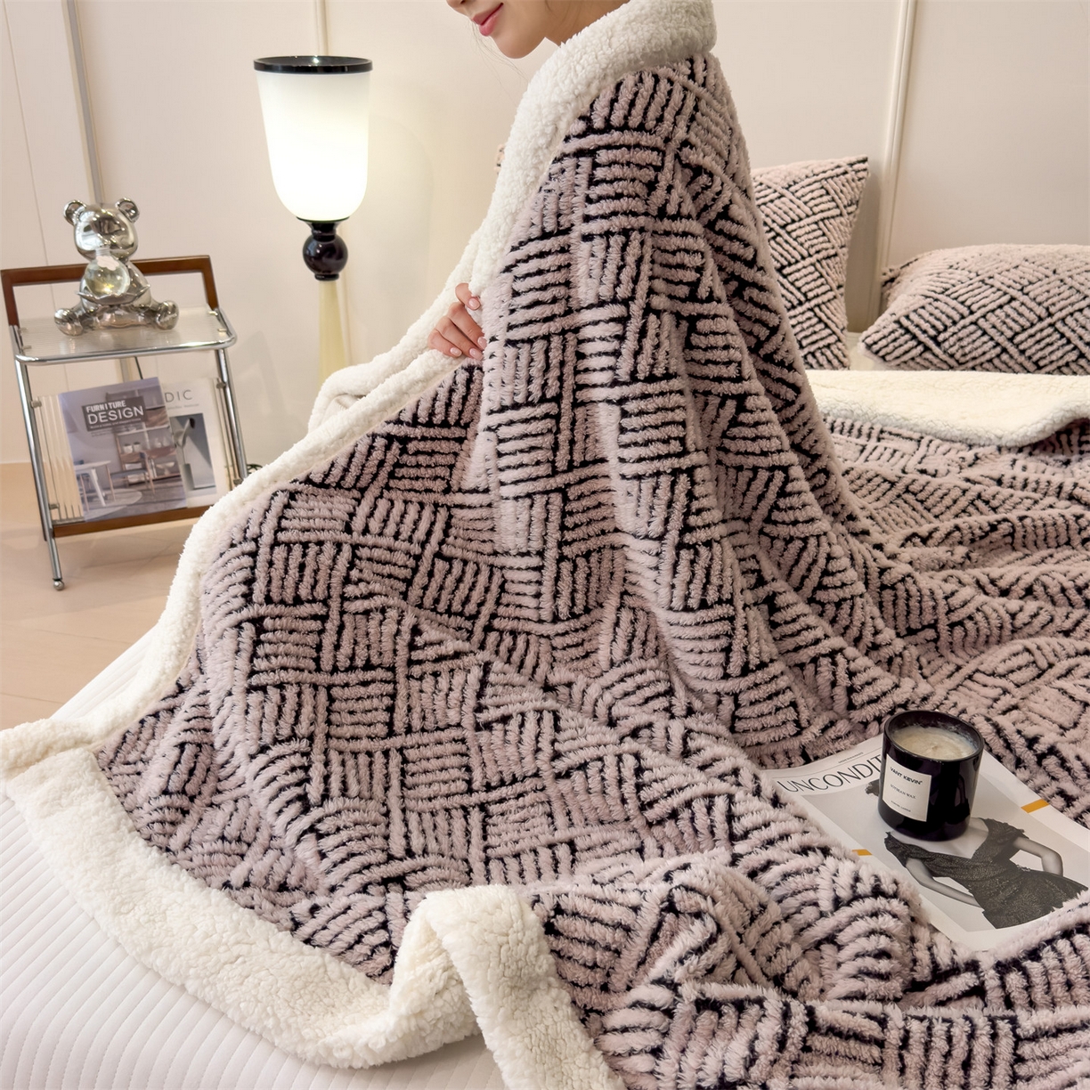 91家纺网 家纺一手货源 找家纺 莱家富 2026新款A类双层舒棉雕花绒羊羔绒暖绒毛毯毯子-梦境（可供跨境外贸抽空压缩爆款首选） 梦境-粉玉