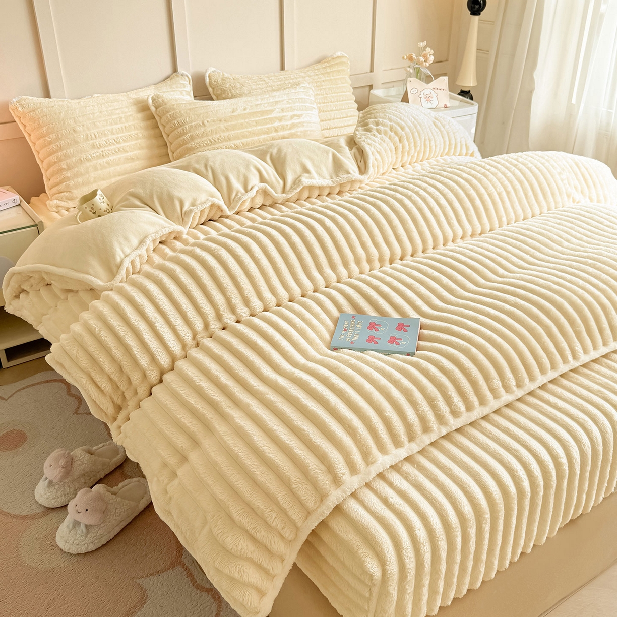眠势力 2025新款兔兔绒抽条印花床笠款四件套冬季兔绒加绒保暖四件套 温柔米