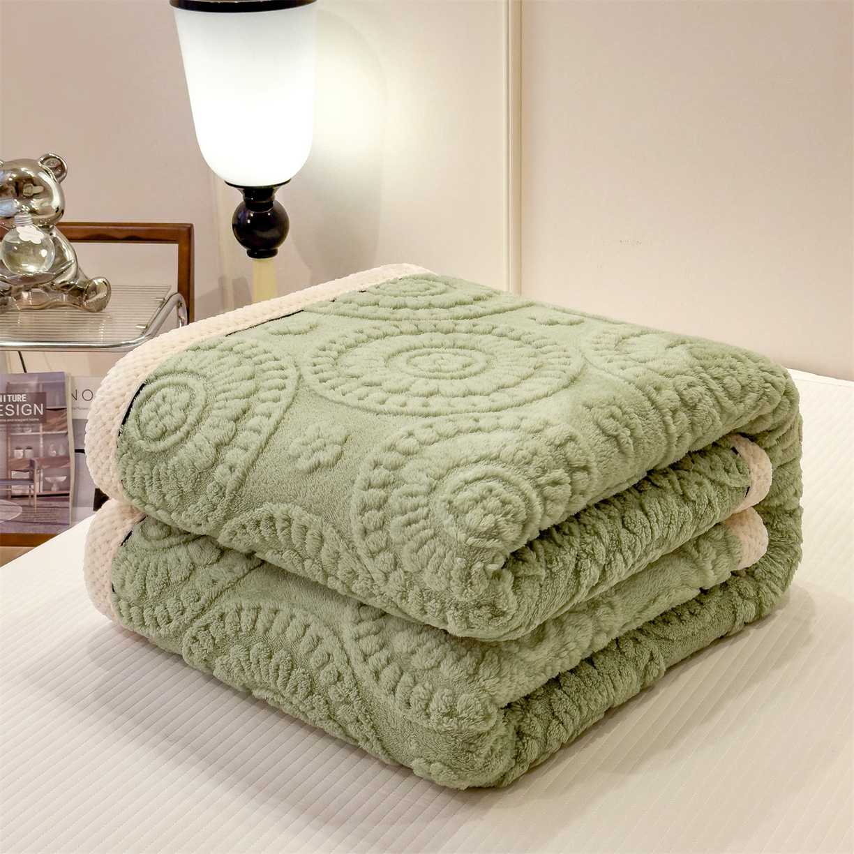 91家纺网 家纺一手货源 找家纺 莱家富 2026新款新款A类塔芙绒雕花双面毛毯毯子-花朵（可提供跨境压缩） 花朵-桑绿