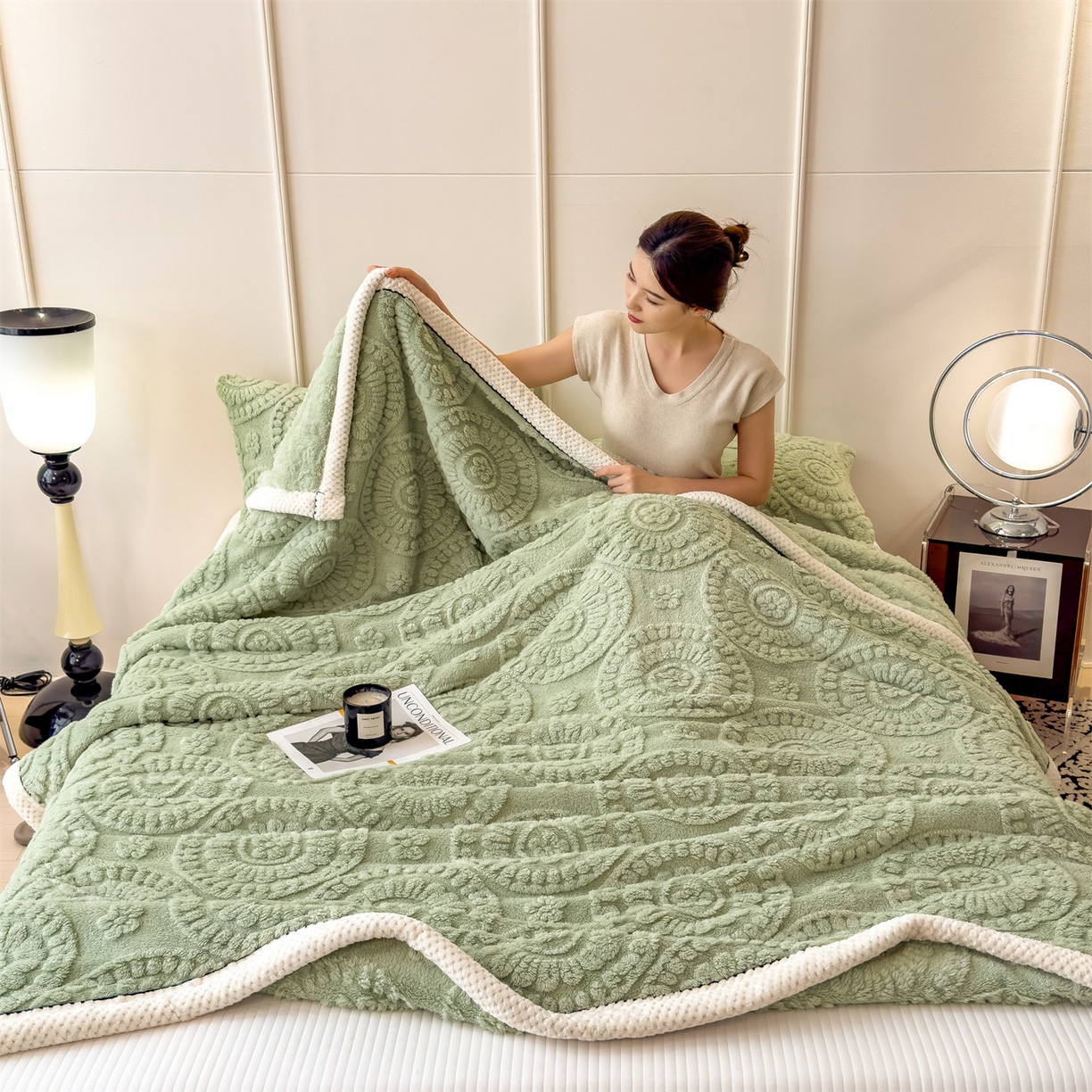 91家纺网 家纺一手货源 找家纺 莱家富 2026新款新款A类塔芙绒雕花双面毛毯毯子-花朵（可提供跨境压缩） 花朵-桑绿