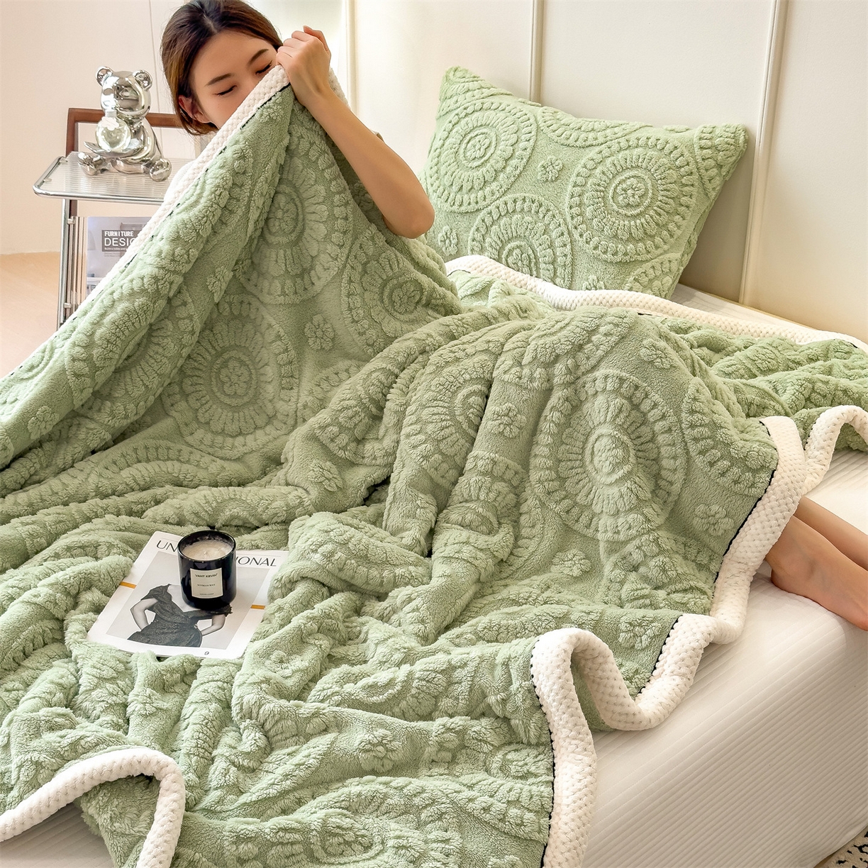 91家纺网 家纺一手货源 找家纺 莱家富 2026新款新款A类塔芙绒雕花双面毛毯毯子-花朵（可提供跨境压缩） 花朵-桑绿