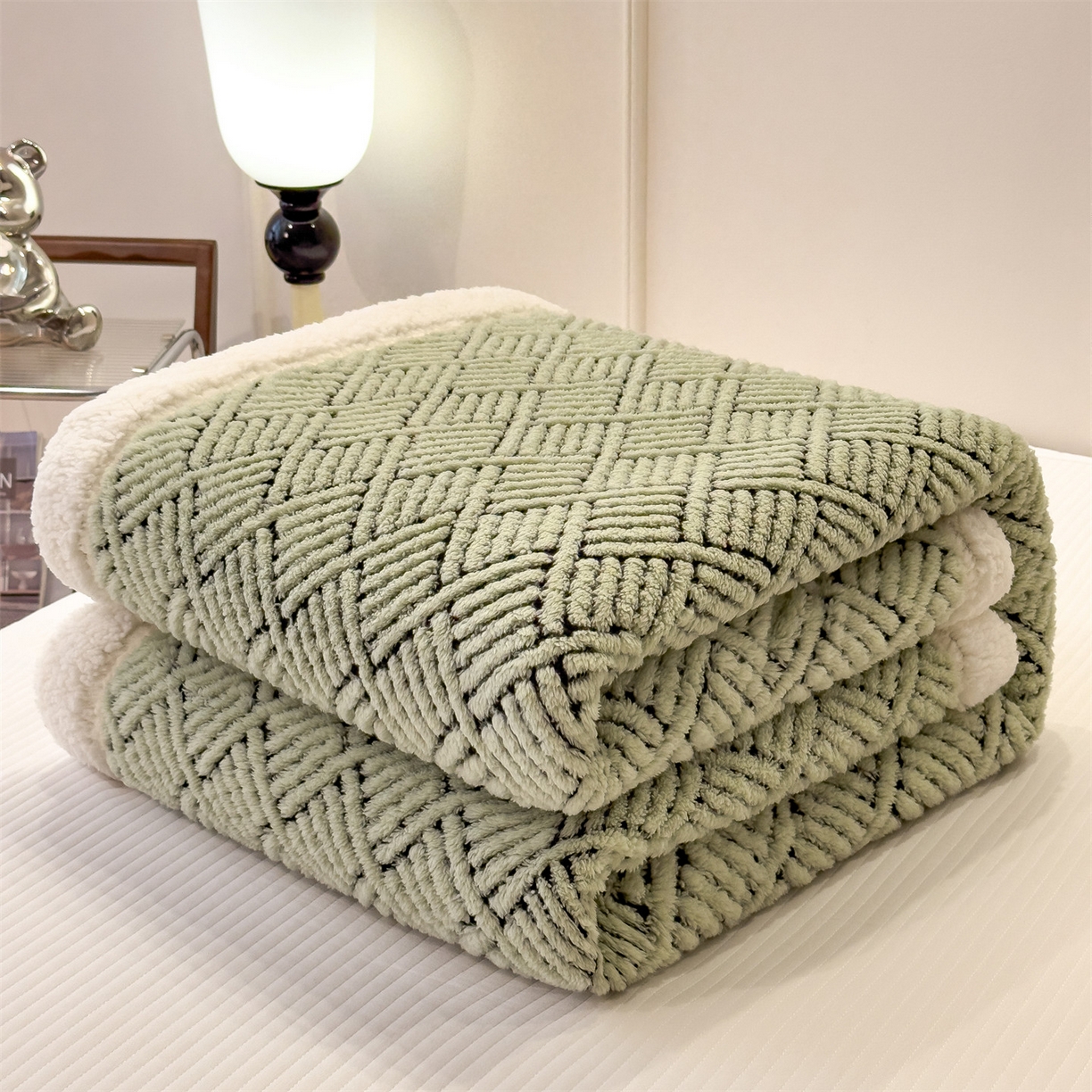 91家纺网 家纺一手货源 找家纺 莱家富 2026新款A类双层舒棉雕花绒羊羔绒暖绒毛毯毯子-梦境（可供跨境外贸抽空压缩爆款首选） 梦境-桑绿