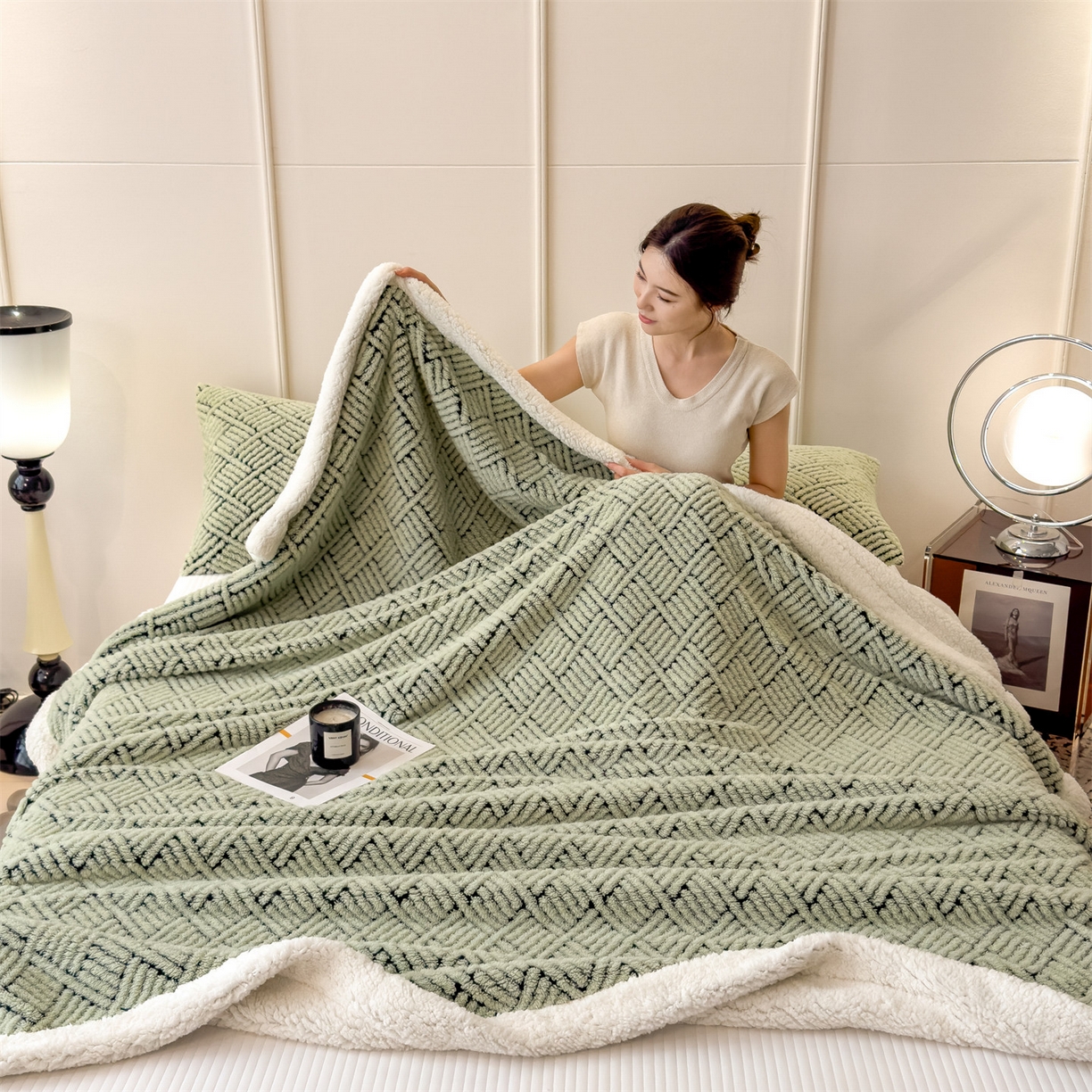 91家纺网 家纺一手货源 找家纺 莱家富 2026新款A类双层舒棉雕花绒羊羔绒暖绒毛毯毯子-梦境（可供跨境外贸抽空压缩爆款首选） 梦境-桑绿