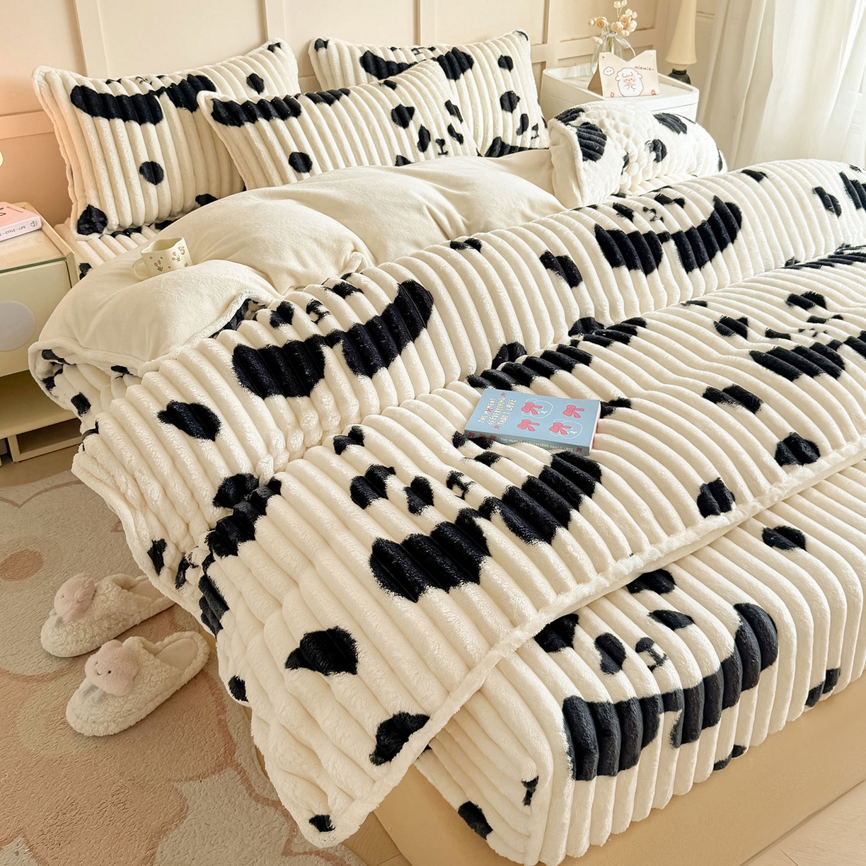 眠势力 2025新款兔兔绒抽条印花床笠款四件套冬季兔绒加绒保暖四件套 大熊猫