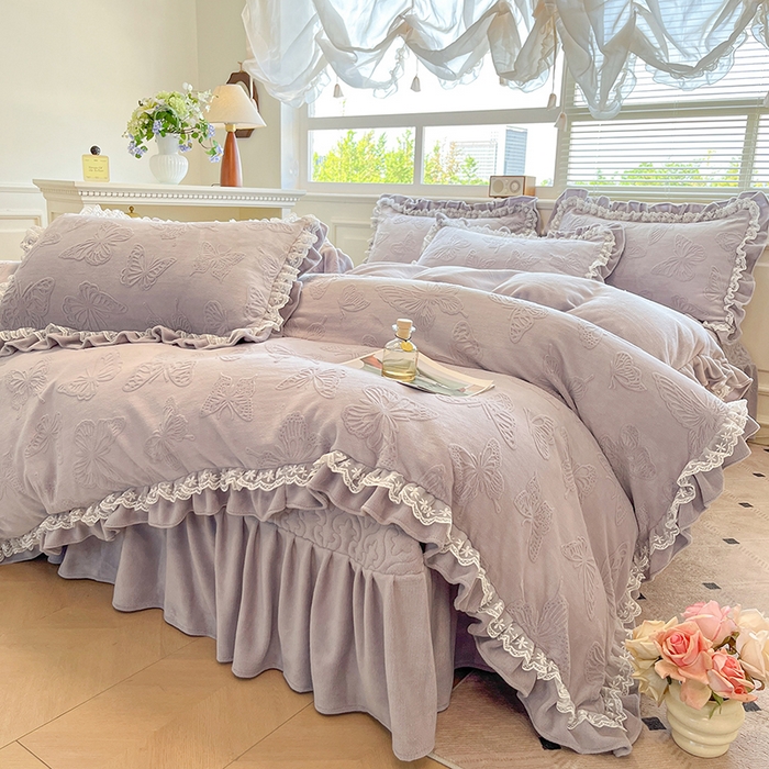 91家纺网 家纺一手货源 找家纺 （总）金阳光家纺 2025新款雕花牛奶绒蕾丝花边款床单床盖四件套