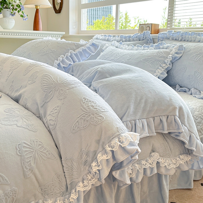 金阳光家纺 2025新款雕花牛奶绒蕾丝花边款床单床盖四件套 艾薇尔-蓝