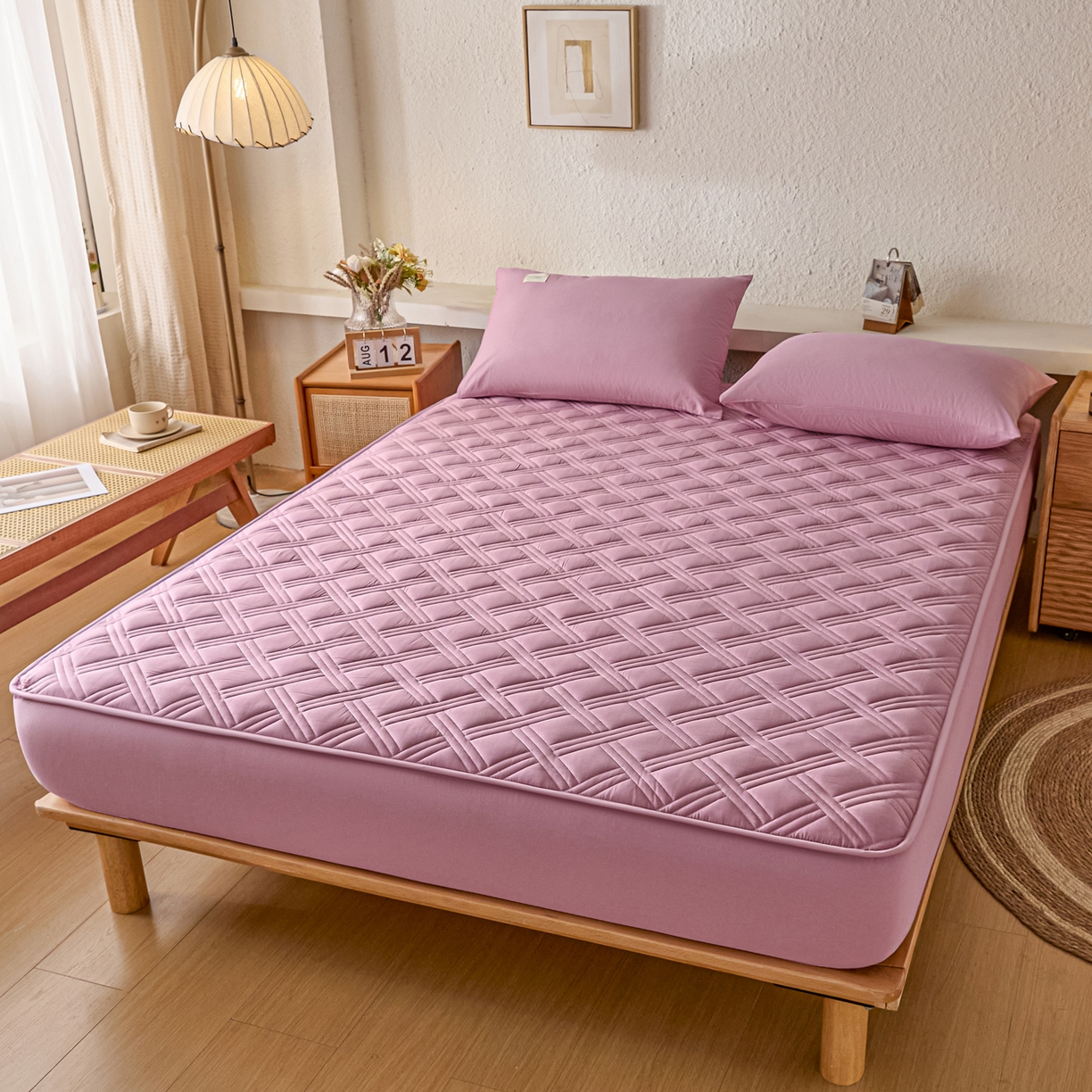 91家纺网 家纺一手货源 找家纺 衿成家纺 2025新款全棉夹棉单床笠床笠单件方格子 方格子-紫粉