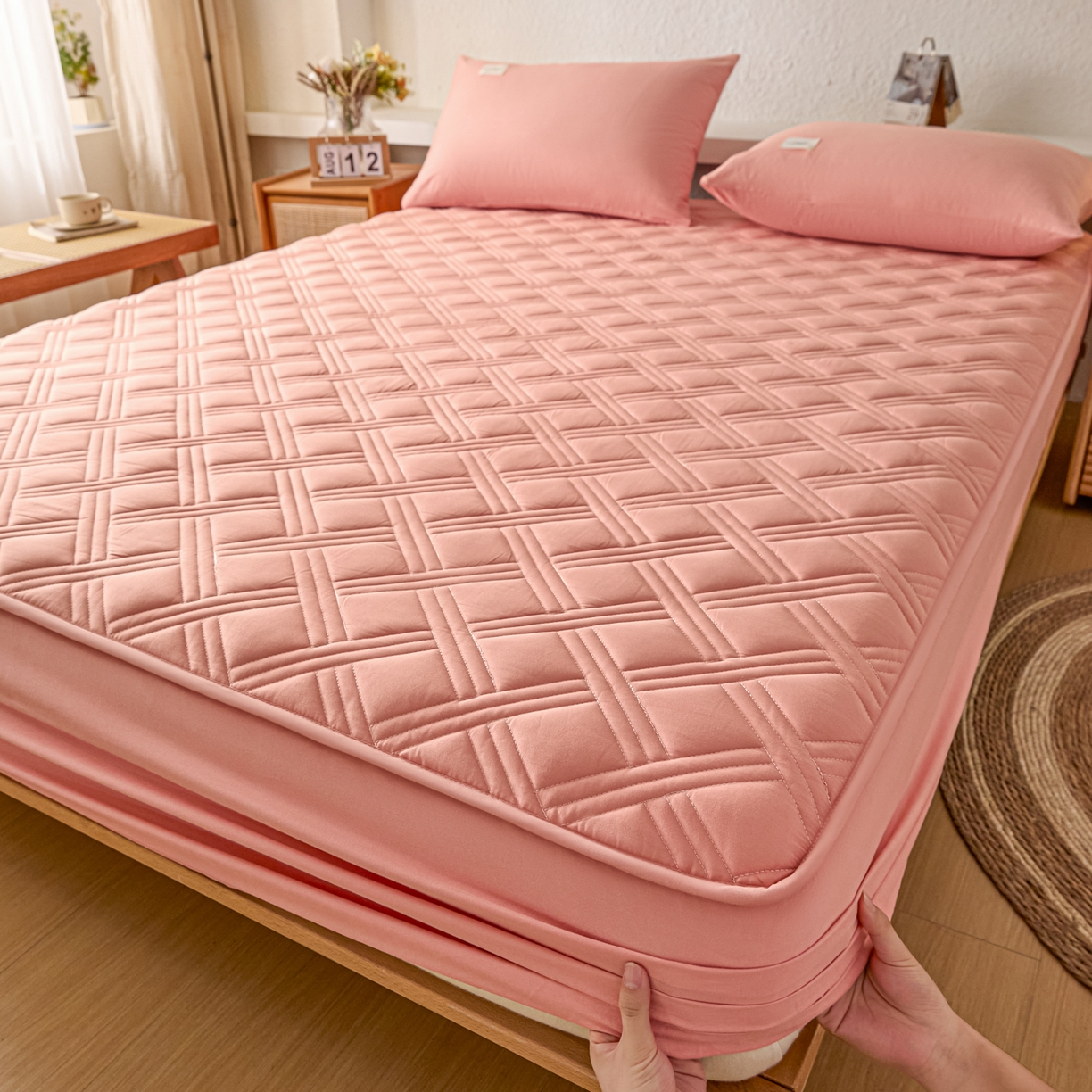 91家纺网 家纺一手货源 找家纺 衿成家纺 2025新款全棉夹棉单床笠床笠单件方格子 方格子-淡粉