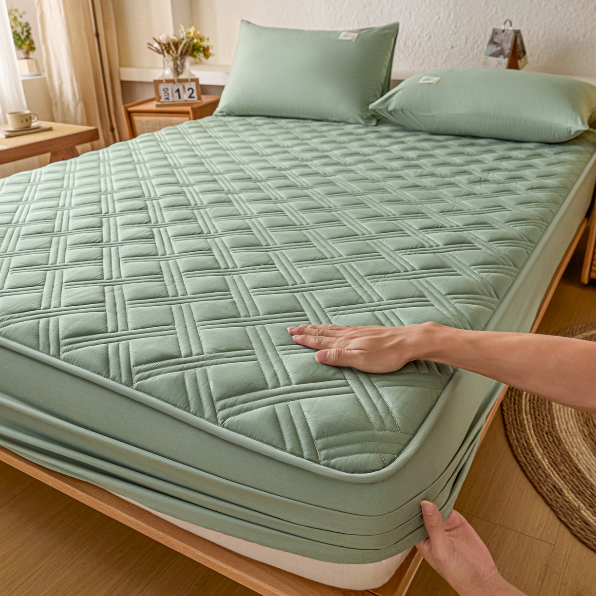 衿成家纺 2025新款全棉夹棉单床笠床笠单件方格子 方格子-川青