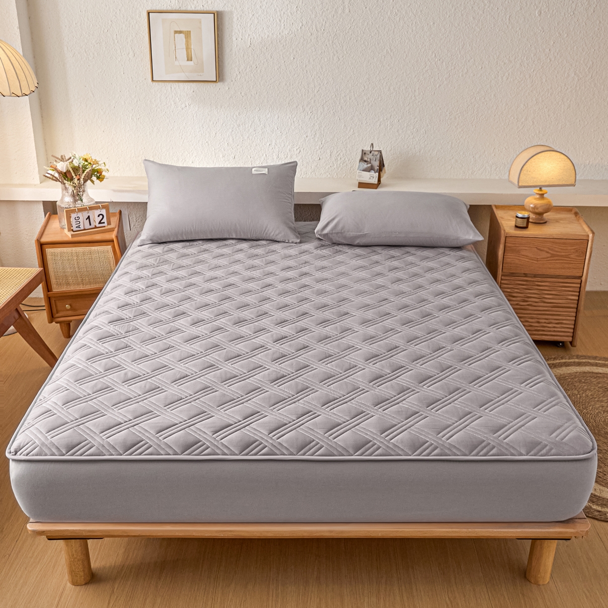 91家纺网 家纺一手货源 找家纺 衿成家纺 2025新款全棉夹棉单床笠床笠单件方格子 方格子-浅灰