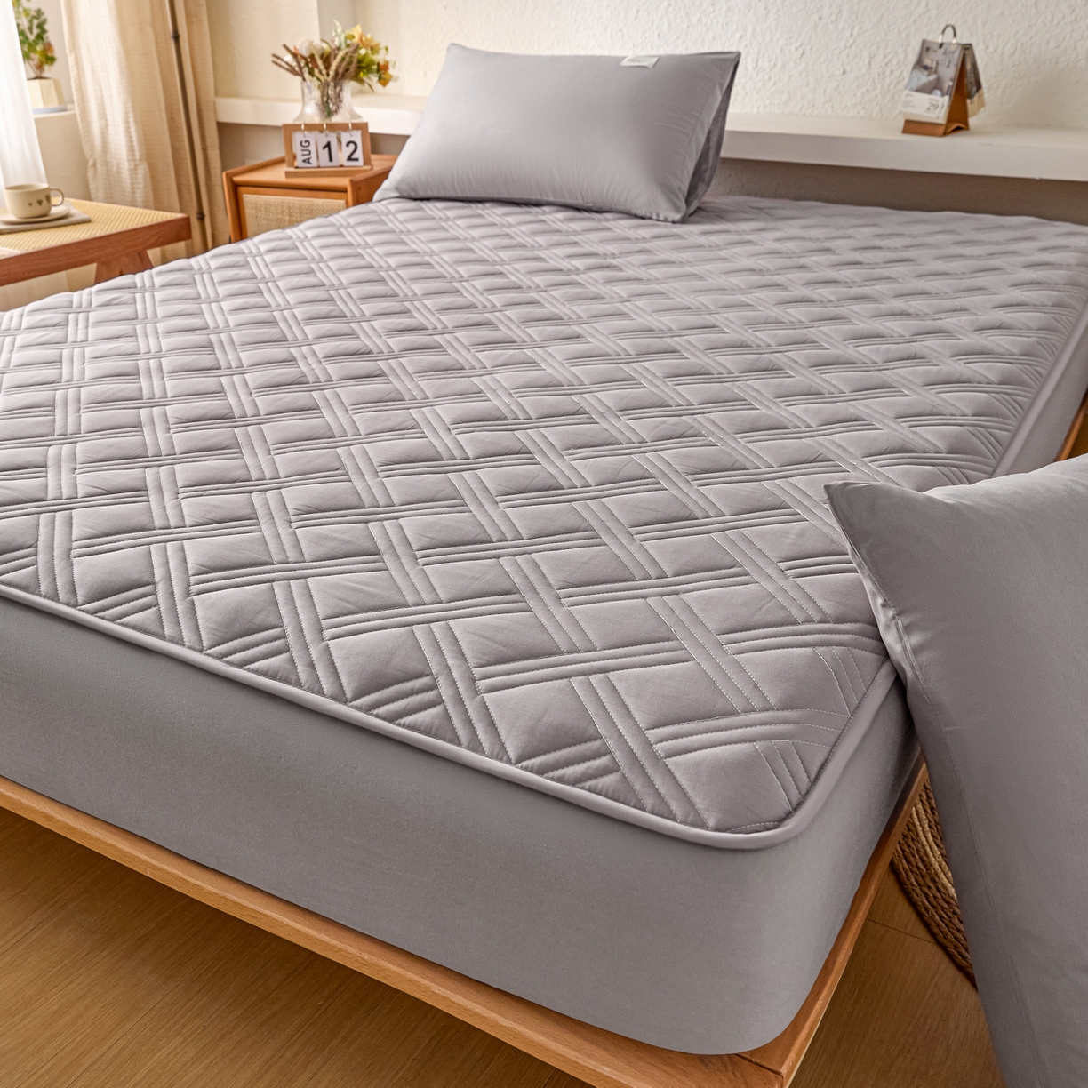 91家纺网 家纺一手货源 找家纺 衿成家纺 2025新款全棉夹棉单床笠床笠单件方格子 方格子-浅灰