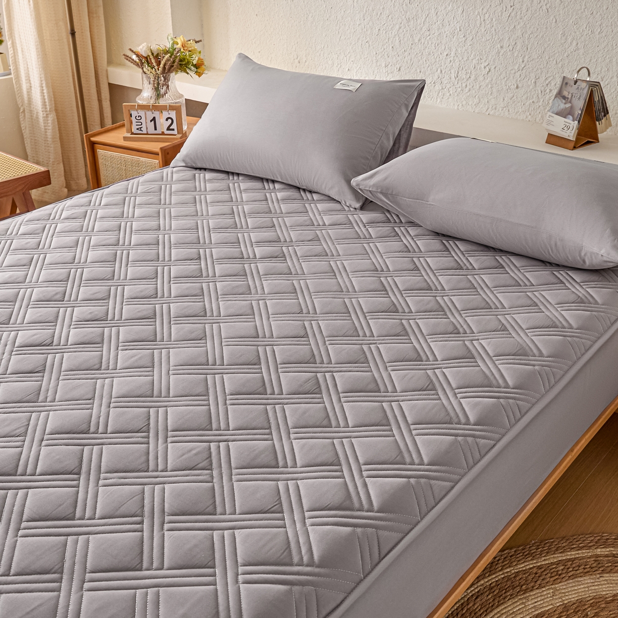 91家纺网 家纺一手货源 找家纺 衿成家纺 2025新款全棉夹棉单床笠床笠单件方格子 方格子-浅灰