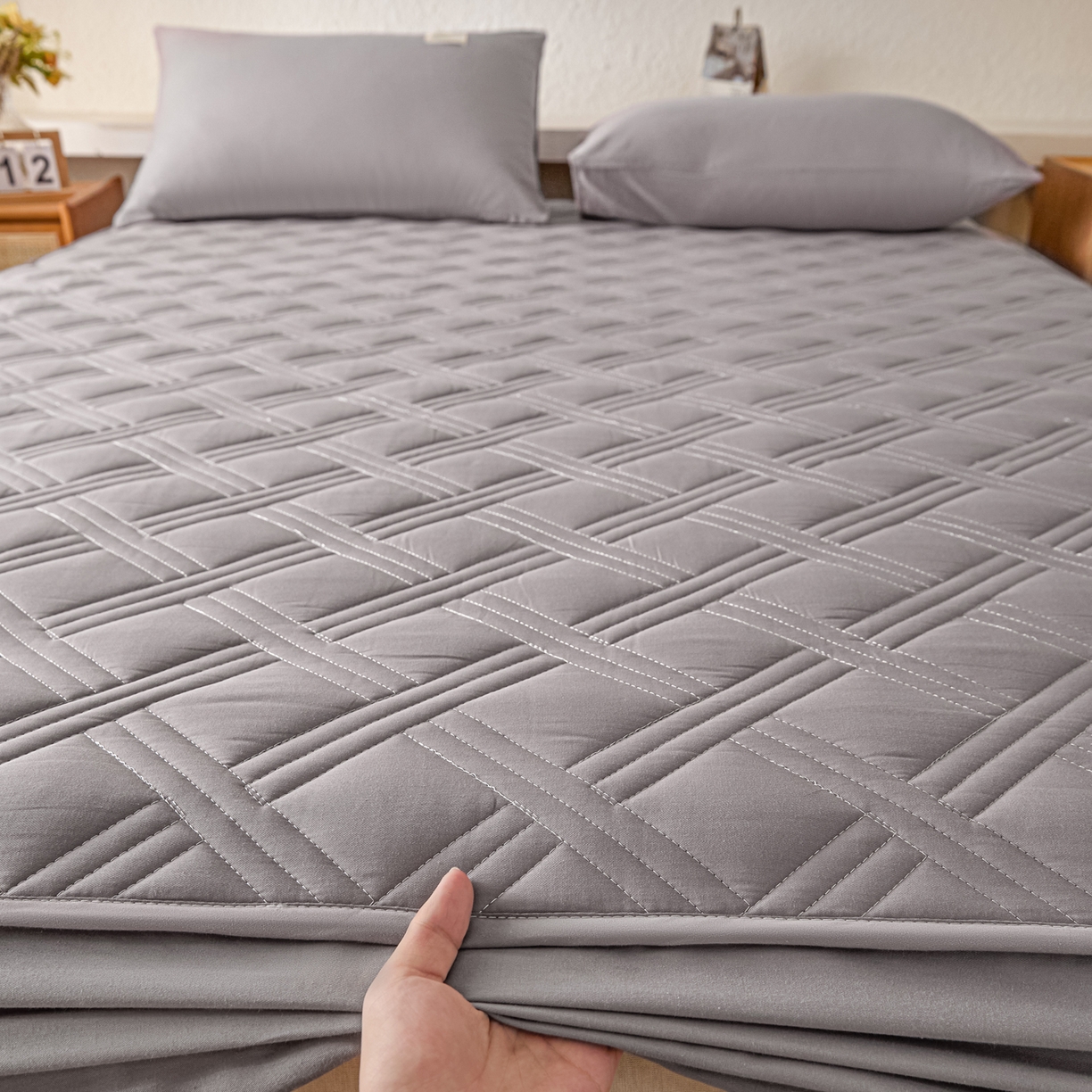 91家纺网 家纺一手货源 找家纺 衿成家纺 2025新款全棉夹棉单床笠床笠单件方格子 方格子-浅灰