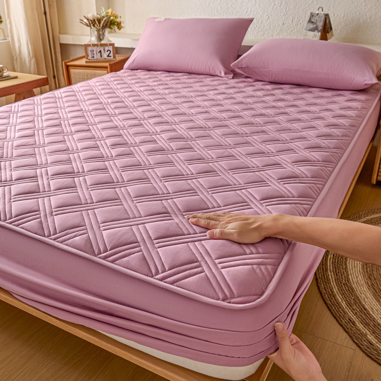 衿成家纺 2025新款全棉夹棉单床笠床笠单件方格子 方格子-紫粉