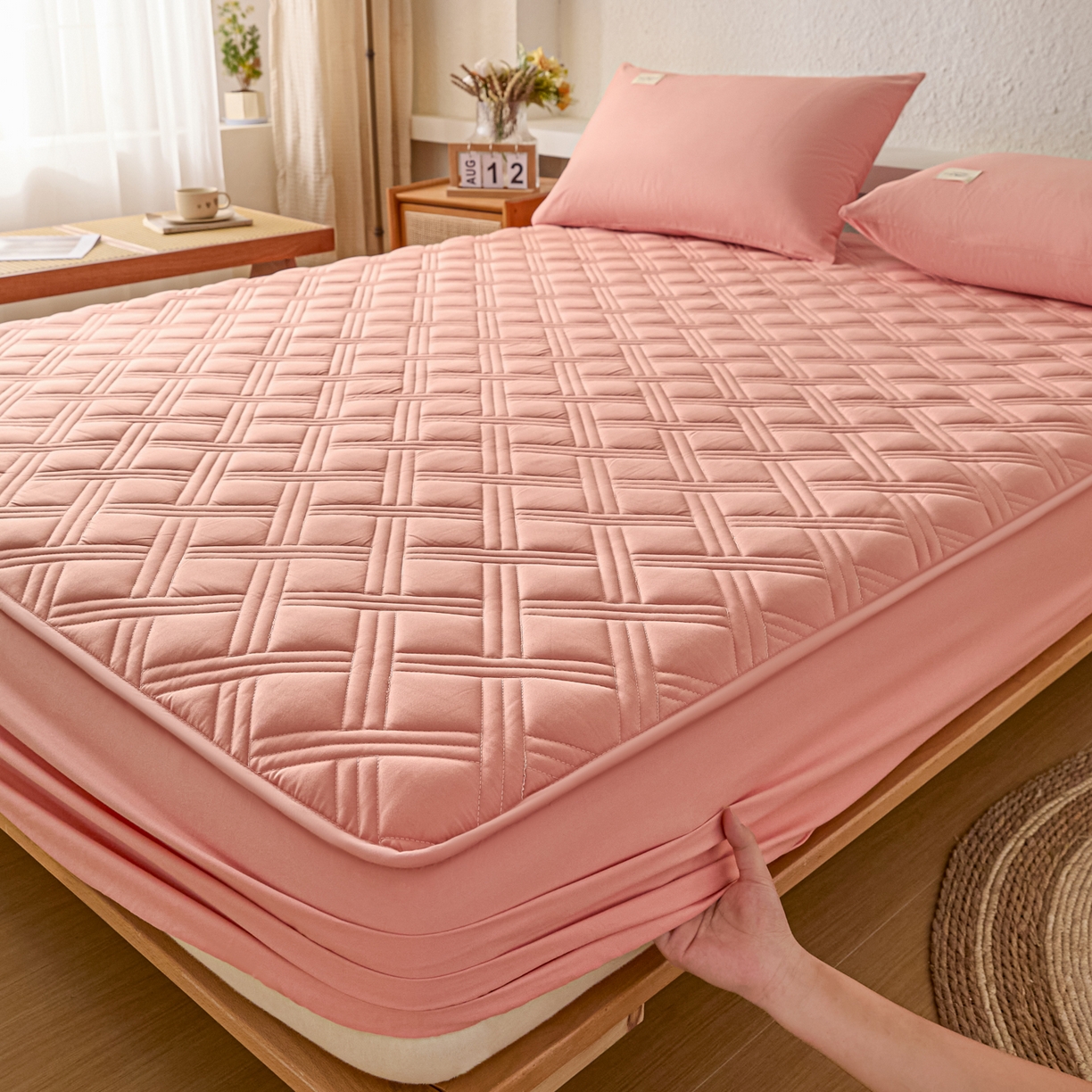 91家纺网 家纺一手货源 找家纺 衿成家纺 2025新款全棉夹棉单床笠床笠单件方格子 方格子-淡粉