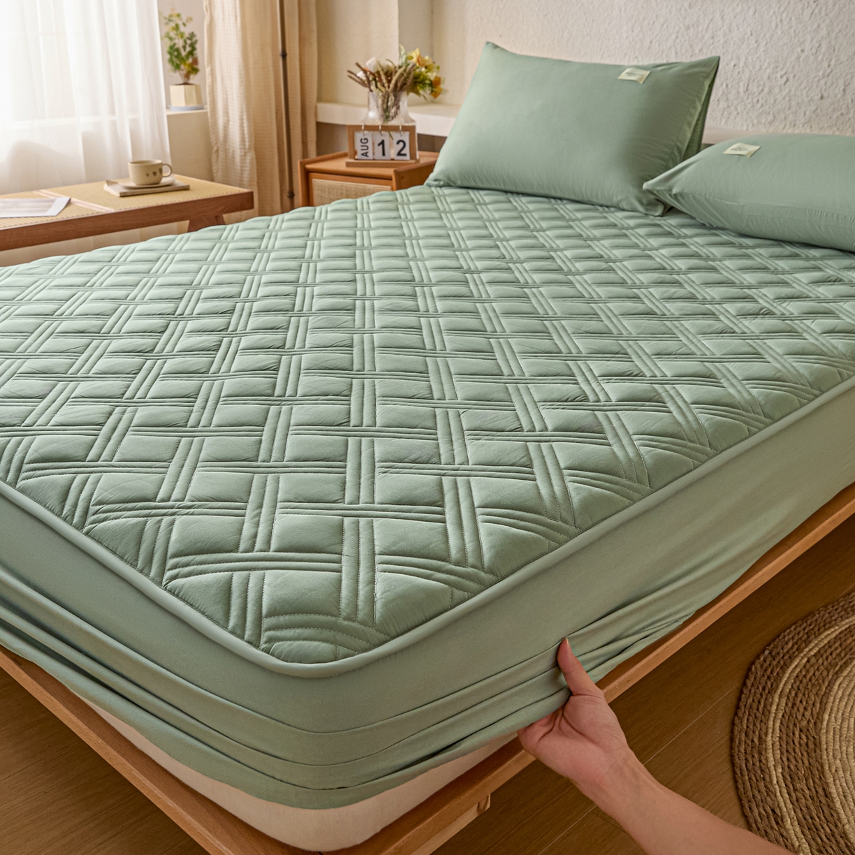 91家纺网 家纺一手货源 找家纺 衿成家纺 2025新款全棉夹棉单床笠床笠单件方格子 方格子-川青