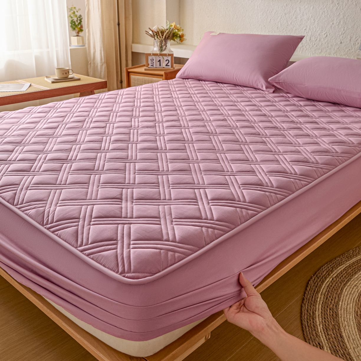 91家纺网 家纺一手货源 找家纺 衿成家纺 2025新款全棉夹棉单床笠床笠单件方格子 方格子-紫粉