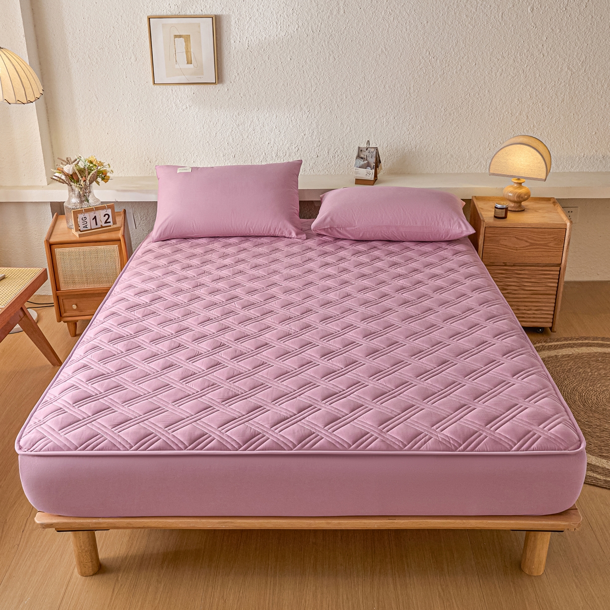 91家纺网 家纺一手货源 找家纺 衿成家纺 2025新款全棉夹棉单床笠床笠单件方格子 方格子-紫粉