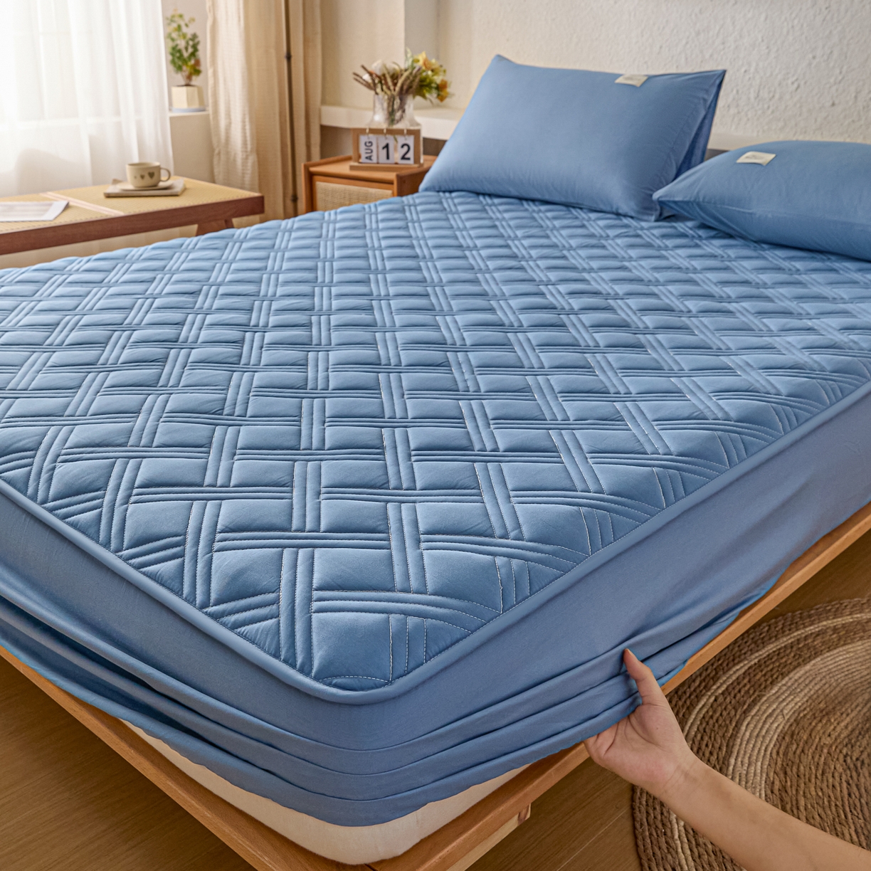 91家纺网 家纺一手货源 找家纺 衿成家纺 2025新款全棉夹棉单床笠床笠单件方格子 方格子-宝石蓝