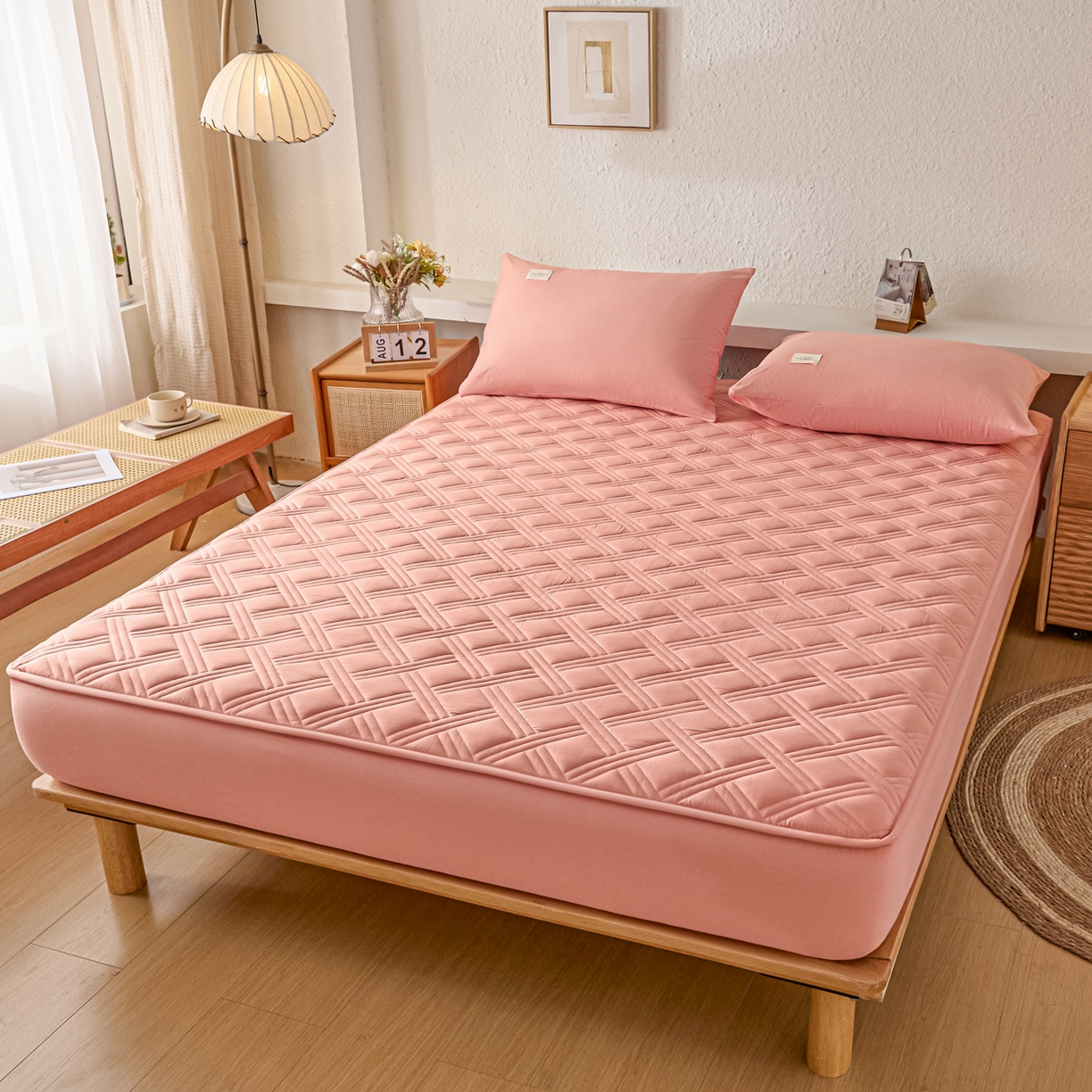 91家纺网 家纺一手货源 找家纺 衿成家纺 2025新款全棉夹棉单床笠床笠单件方格子 方格子-淡粉