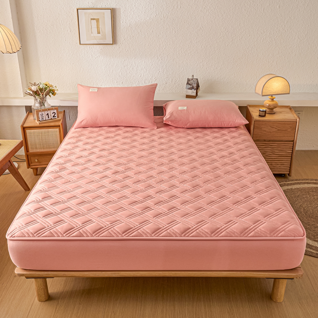 91家纺网 家纺一手货源 找家纺 衿成家纺 2025新款全棉夹棉单床笠床笠单件方格子 方格子-淡粉